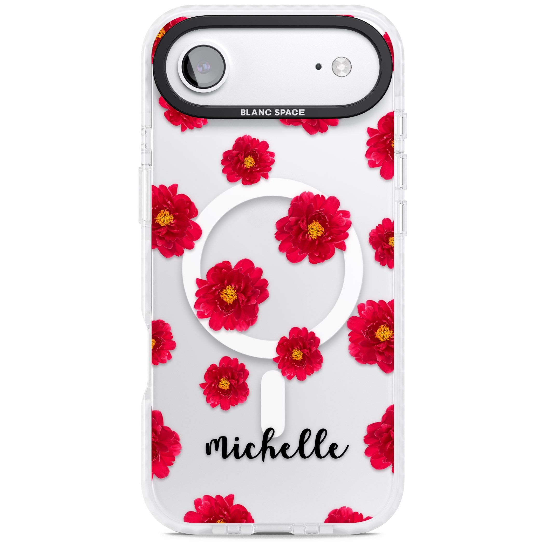 Personalised Red Peonies & Cursive iPhone 17 Air Impact Pro Clear Phone Case