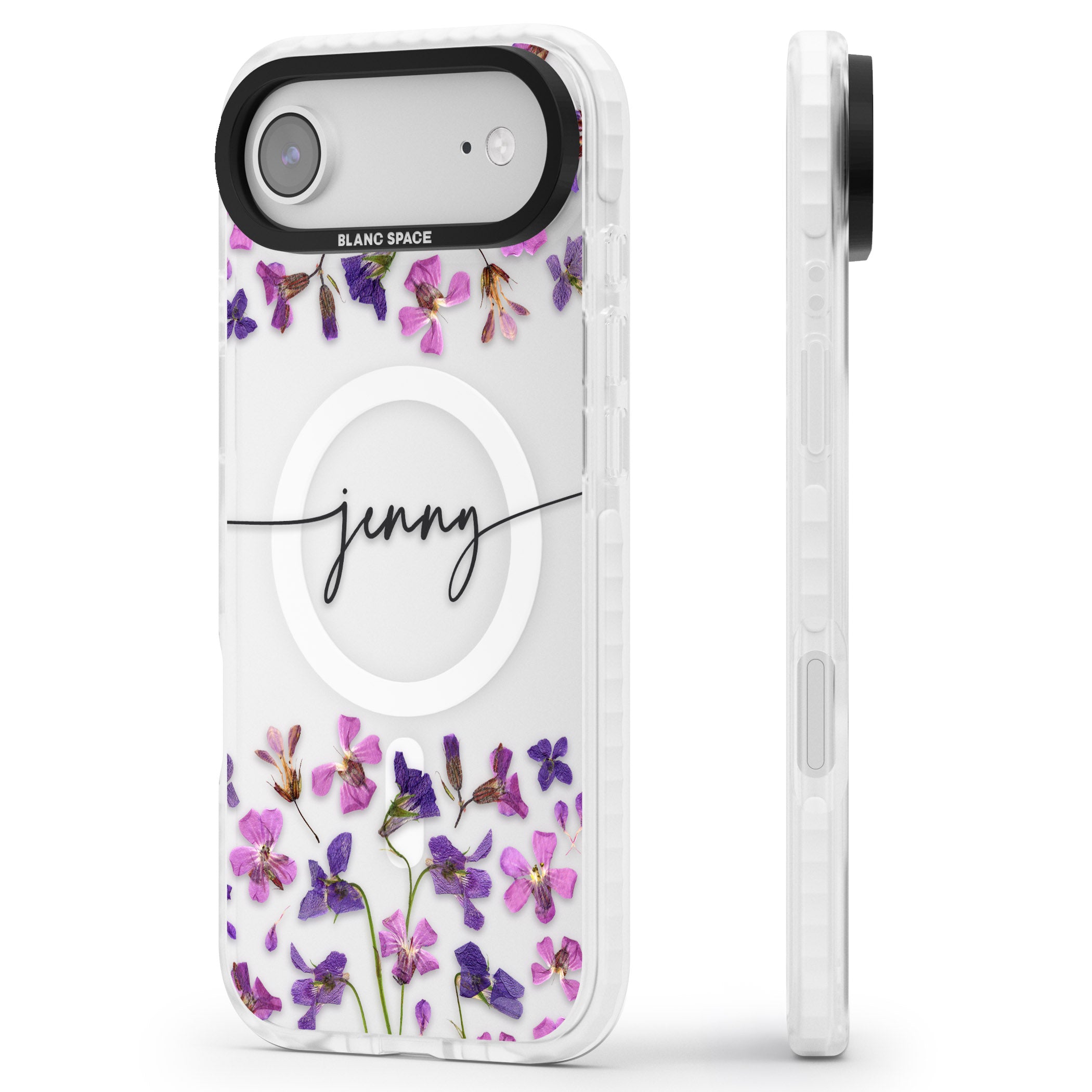 Personalised Purple Violets iPhone 17 Air Impact Pro Clear Phone Case Side Profile