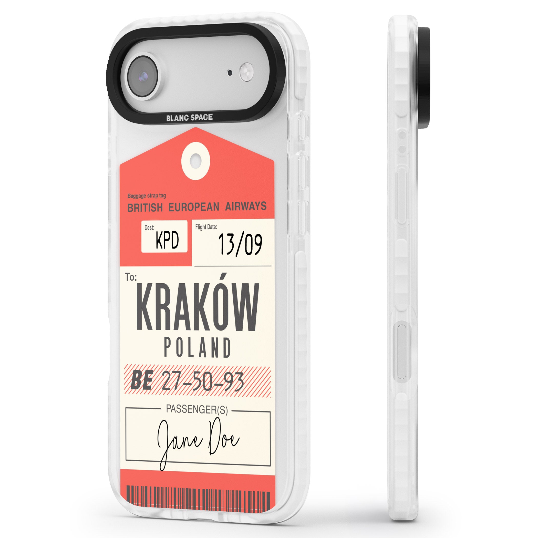Personalised Vintage Bea Luggage Tag iPhone 17 Air Impact Pro Clear Phone Case Side Profile