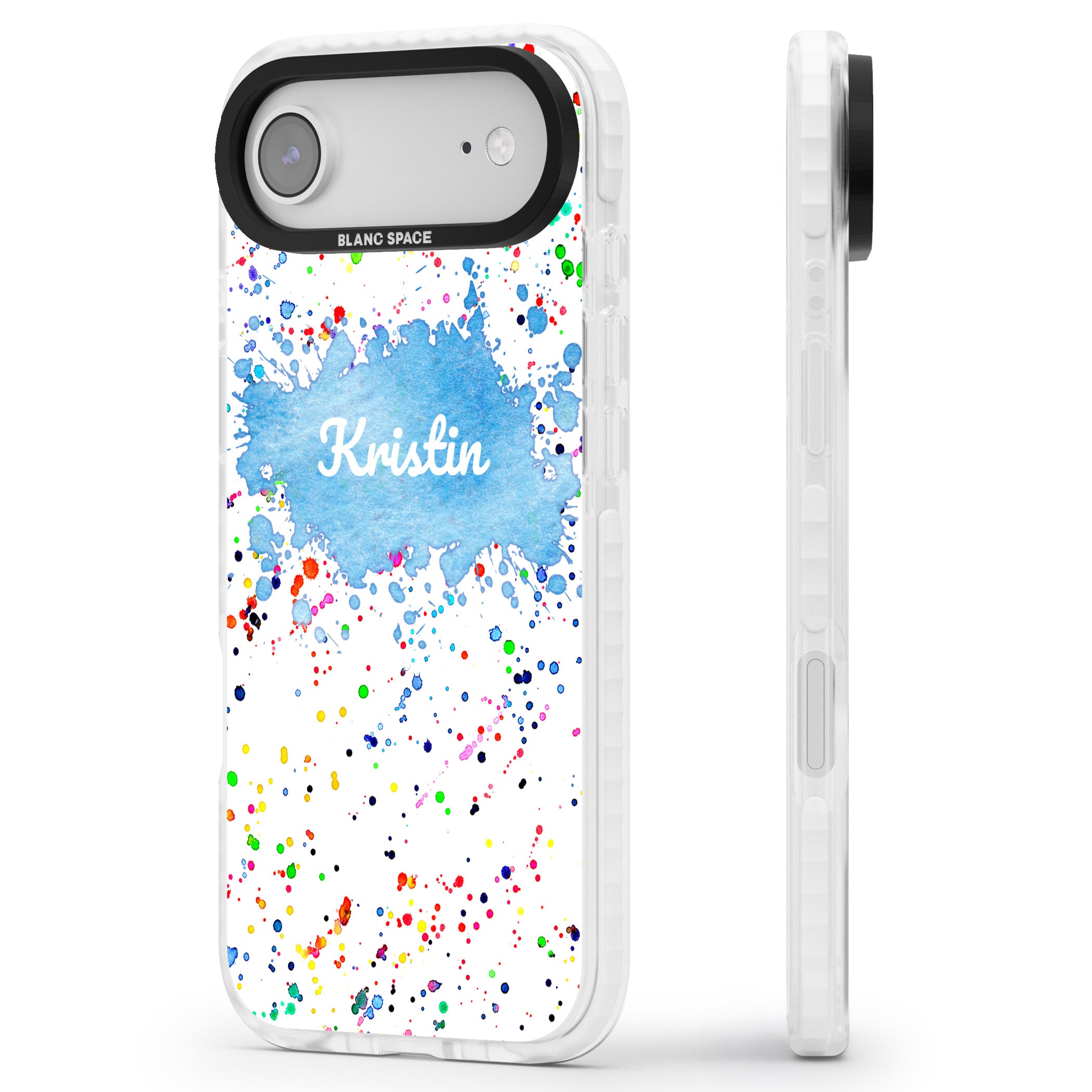 Personalised Rainbow Splatter Name iPhone 17 Air Impact Pro Clear Phone Case Side Profile