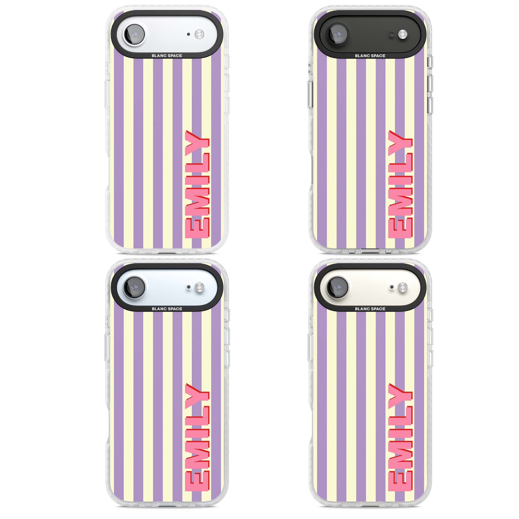 Valensole Stripe personalised iPhone case with purple and cream vertical stripes and pink custom name | Impact Magsafe case for iPhone Air