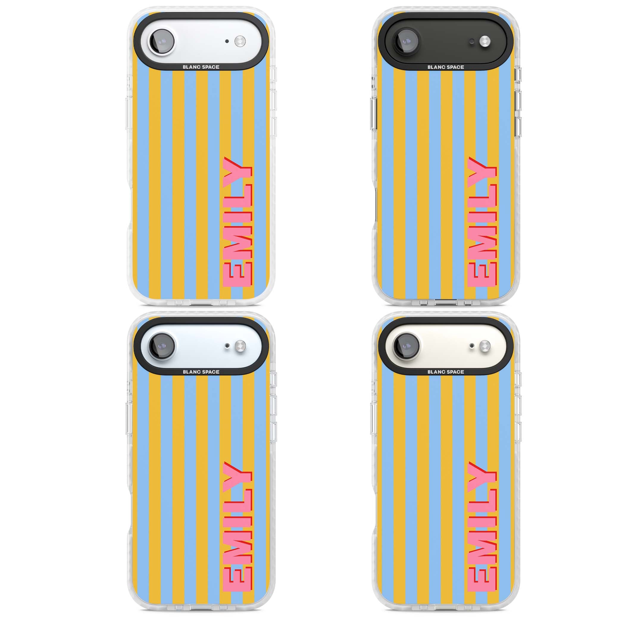 Carribean Stripe personalised coastal iPhone case with yellow and blue vertical stripes and a custom pink name | Impact Magsafe case for iPhone Air