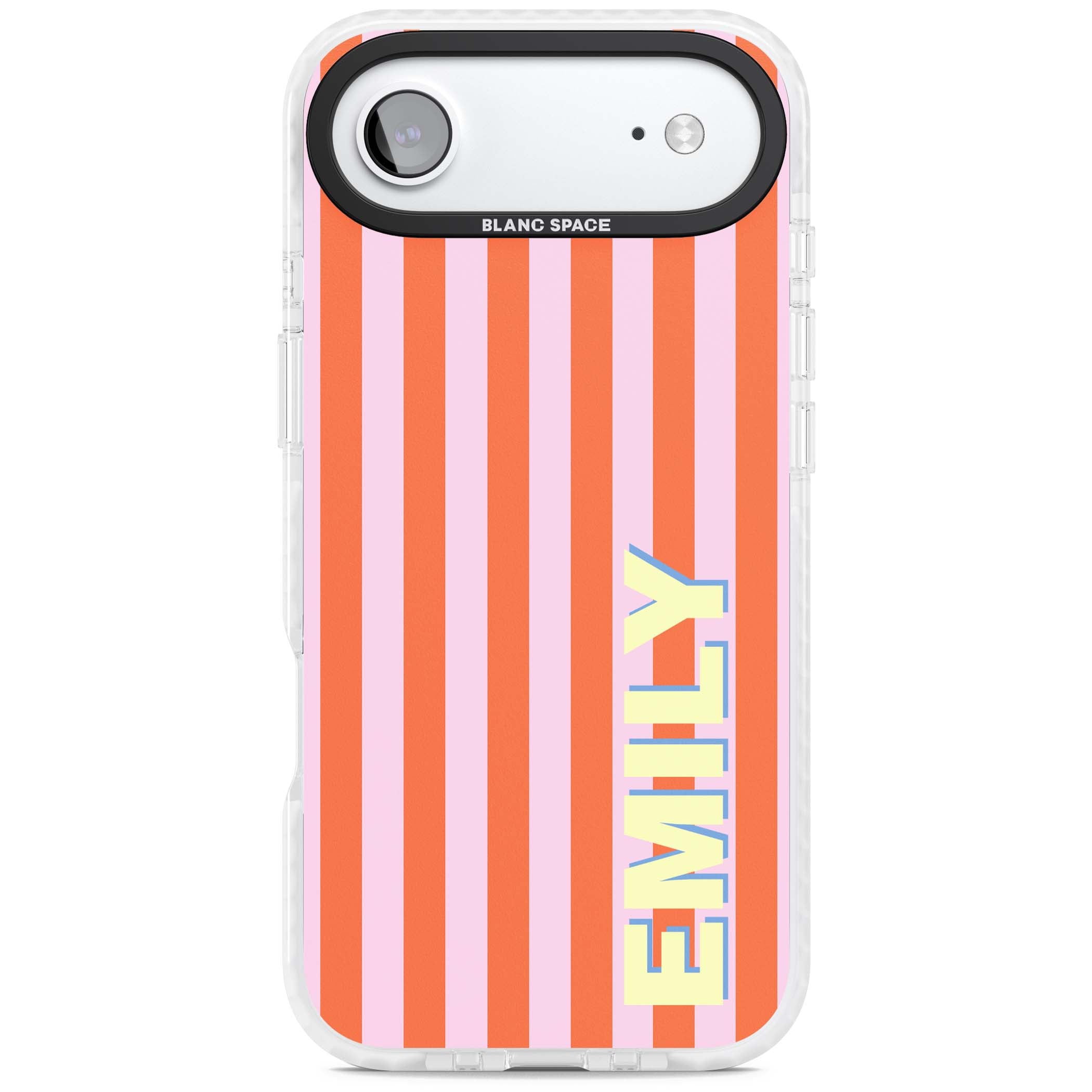 Havana Stripe personalised iPhone case featuring pink and orange vertical stripes with a custom yellow name | Impact Magsafe case for iPhone Air