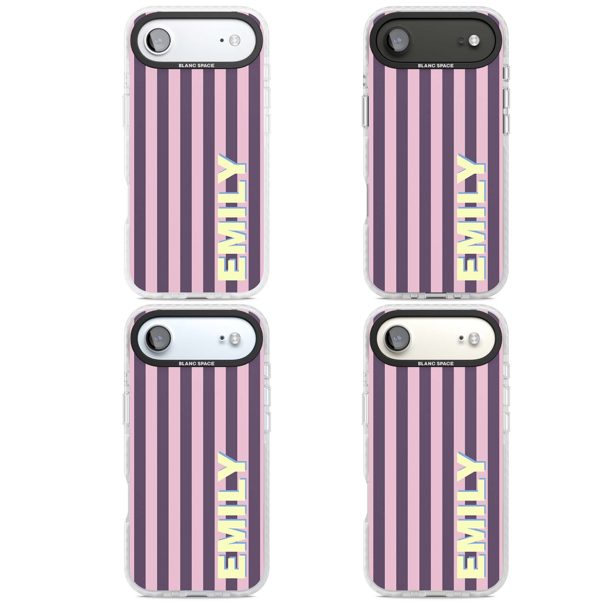 Tyre Stripe personalised stripe iPhone case with plum and pink vertical stripes and custom yellow name | Impact Magsafe case for iPhone Air