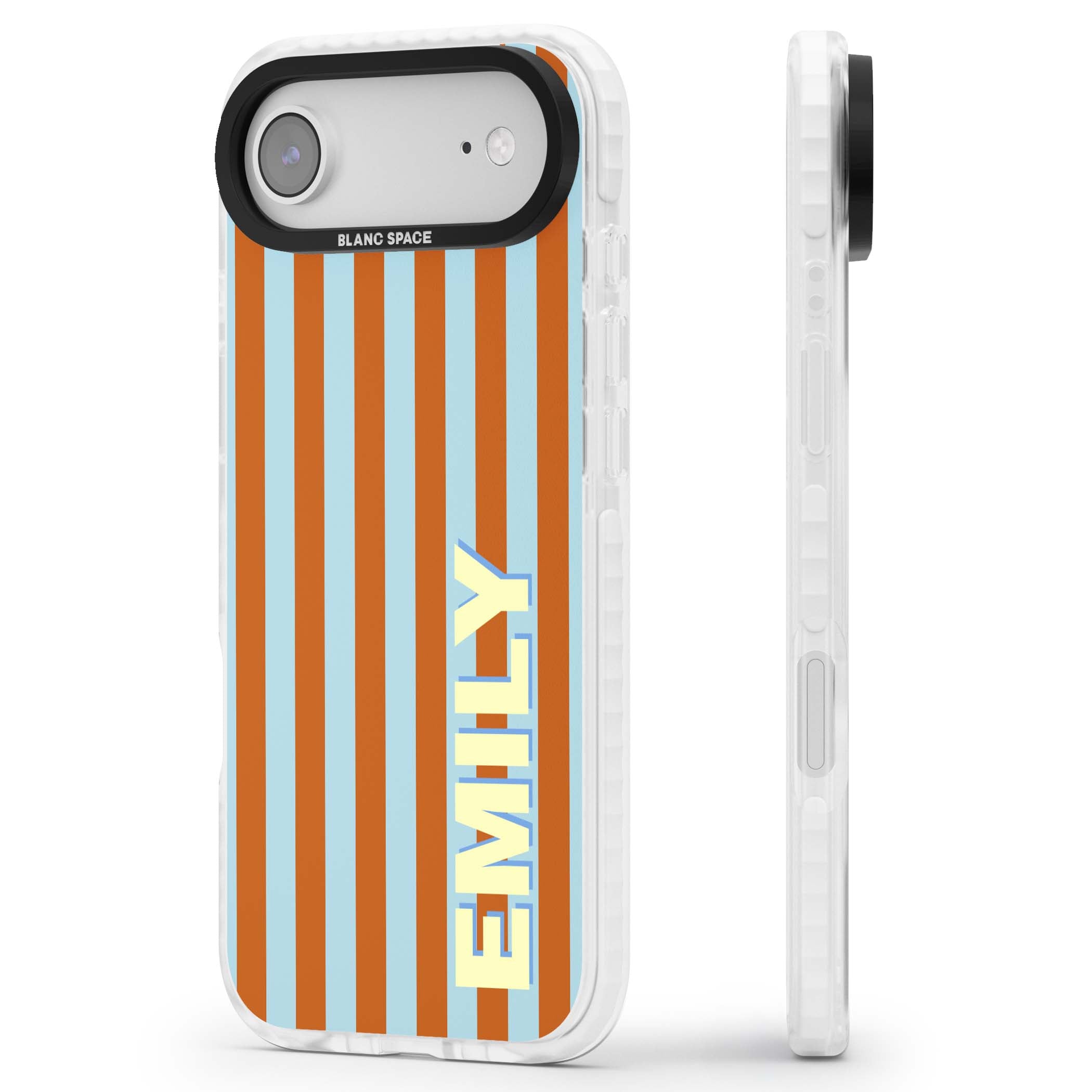 Cappadocia Stripe personalised coastal iPhone case featuring blue and orange vertical stripes with custom cream name | Impact Magsafe case for iPhone Air