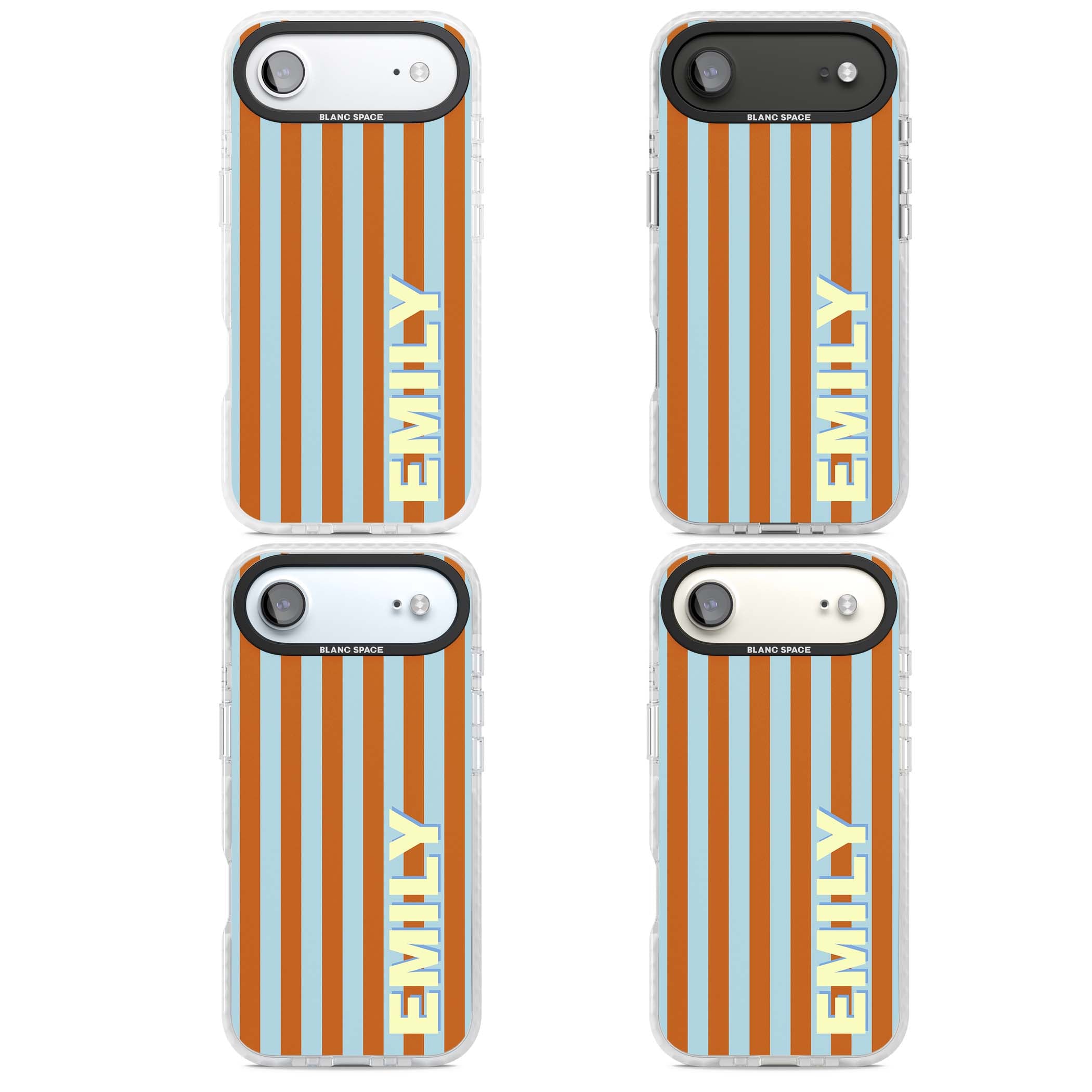 Cappadocia Stripe personalised coastal iPhone case featuring blue and orange vertical stripes with custom cream name | Impact Magsafe case for iPhone Air