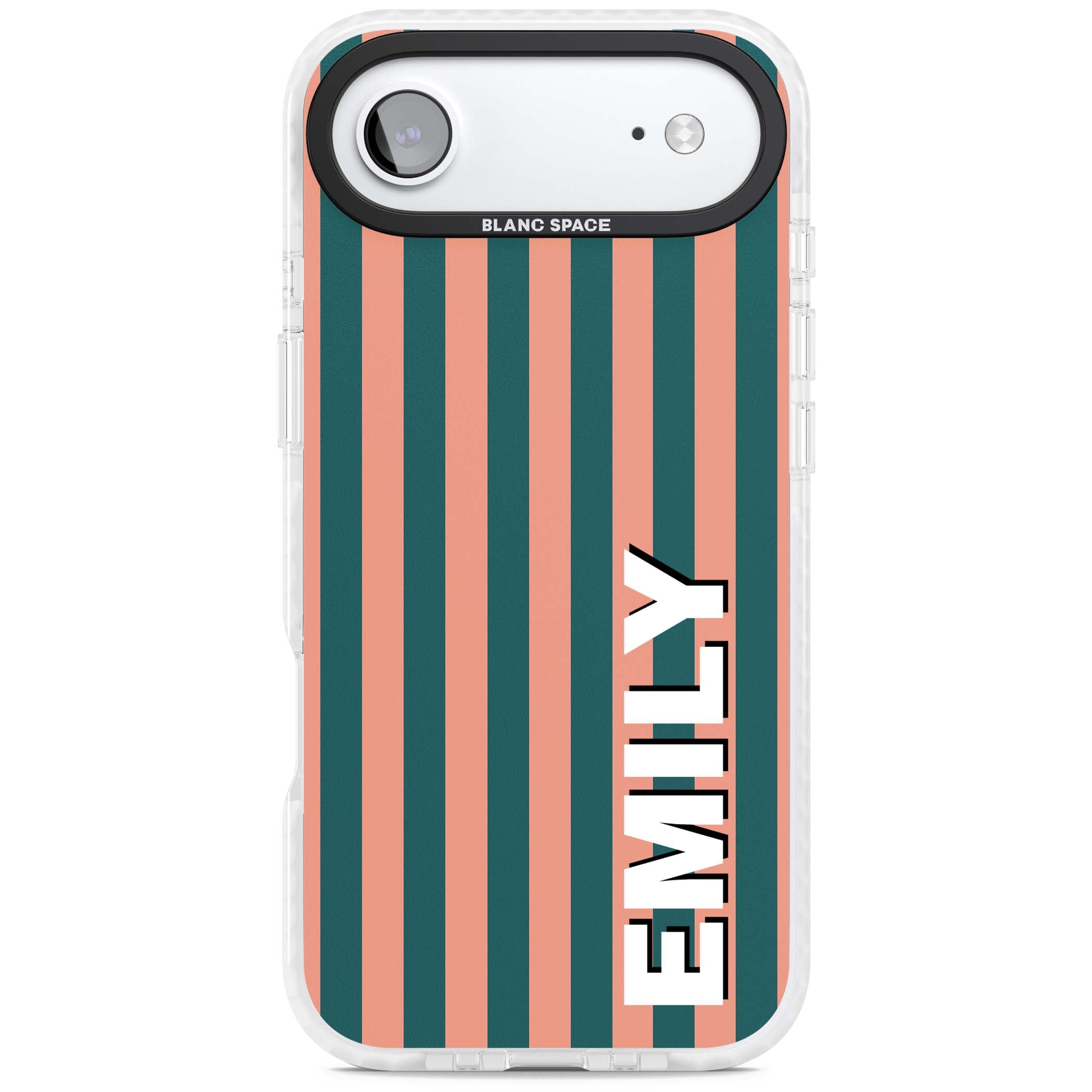 Tuscan Stripe personalised iPhone case featuring coral and green vertical stripes with bold custom name | Impact Magsafe case for iPhone Air