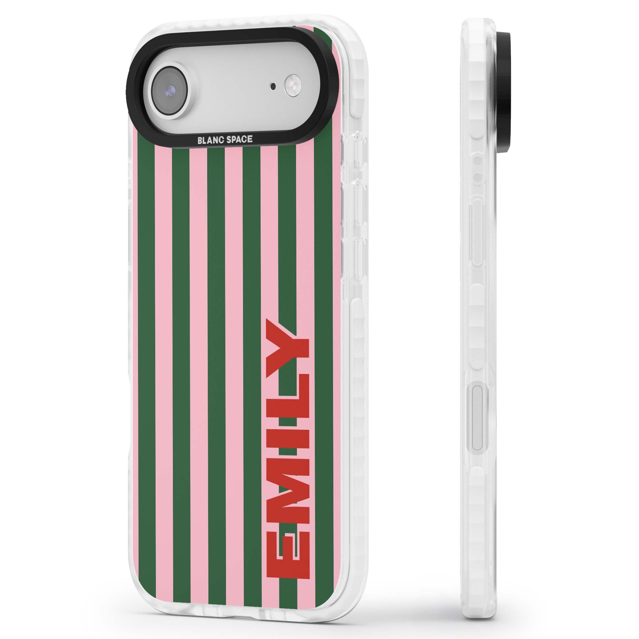 Italian Stripe preppy iPhone case featuring pink and green vertical stripes with personalised red name | Impact Magsafe case for iPhone Air