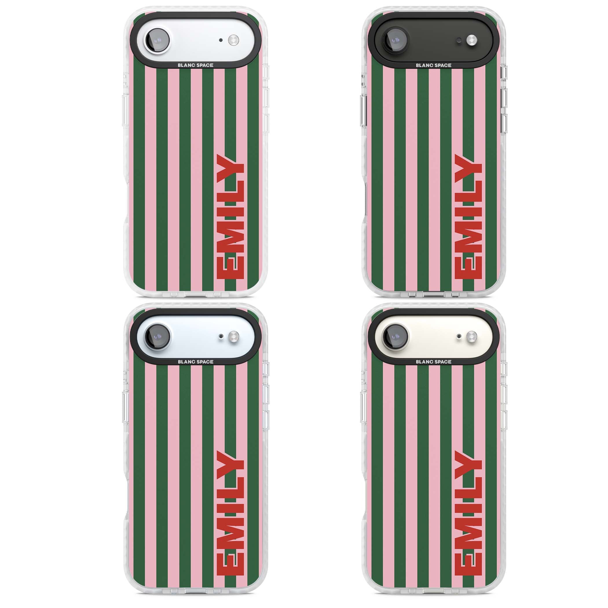 Italian Stripe preppy iPhone case featuring pink and green vertical stripes with personalised red name | Impact Magsafe case for iPhone Air