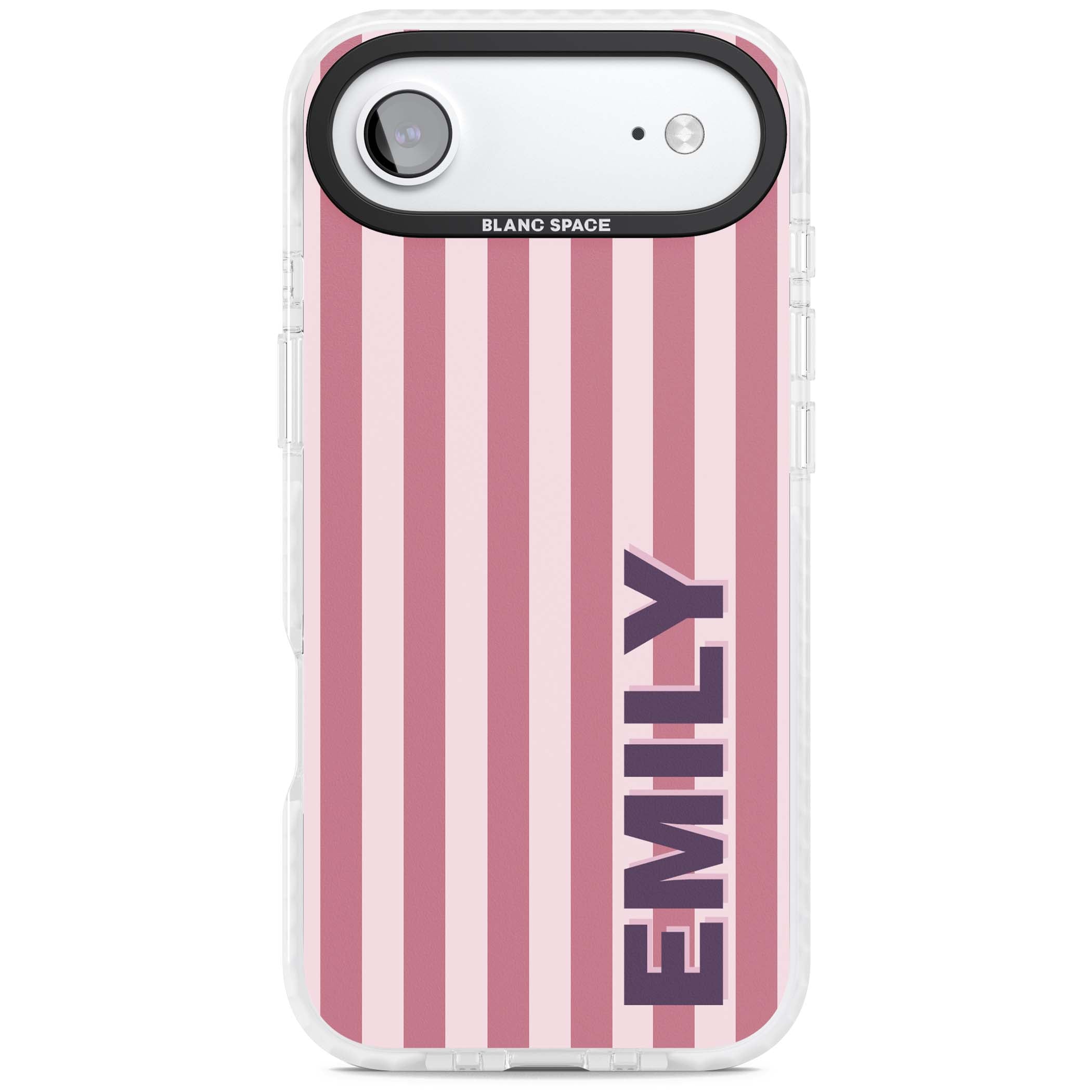 Victoria Stripe personalised iPhone case featuring pink vertical stripes and custom name in bold plum lettering | Impact Magsafe case for iPhone Air