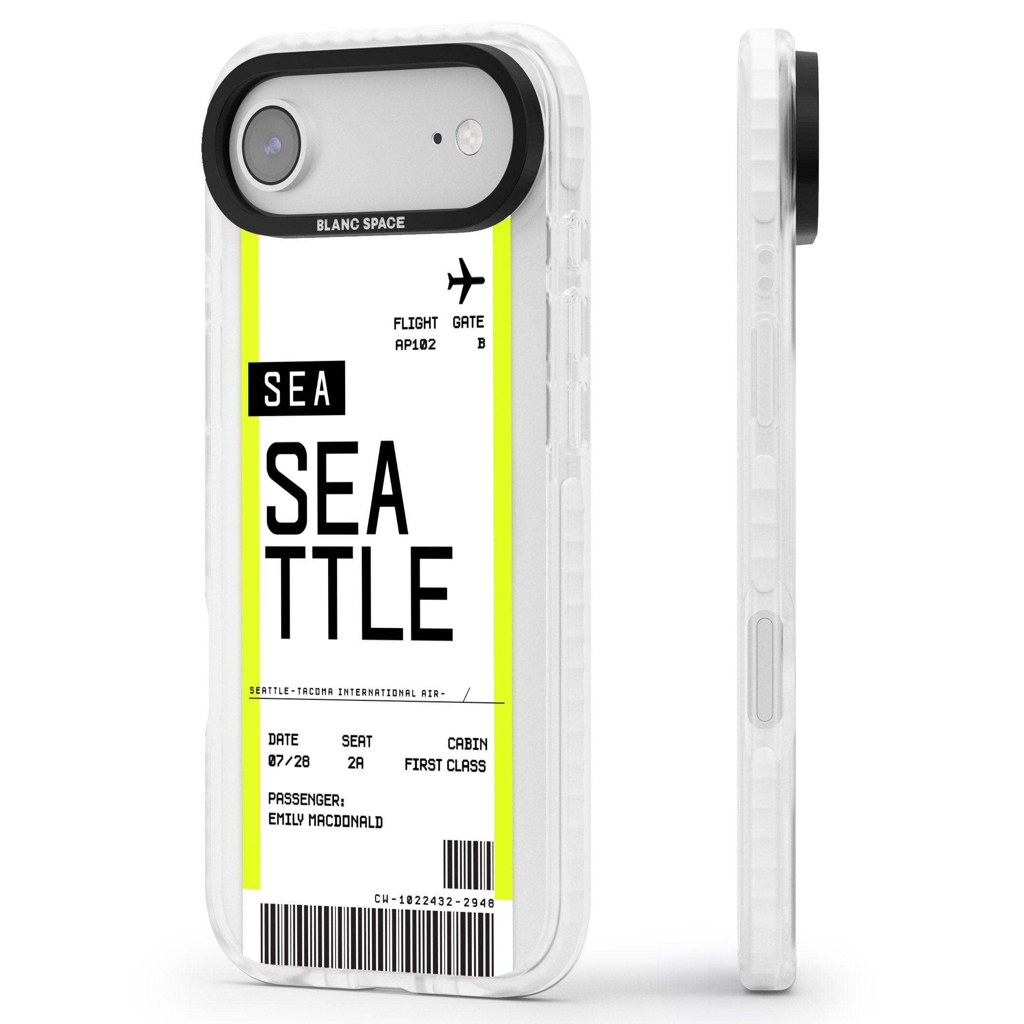 Personalised Seattle Boarding Pass iPhone 17 Air Impact Pro Clear Phone Case Side Profile