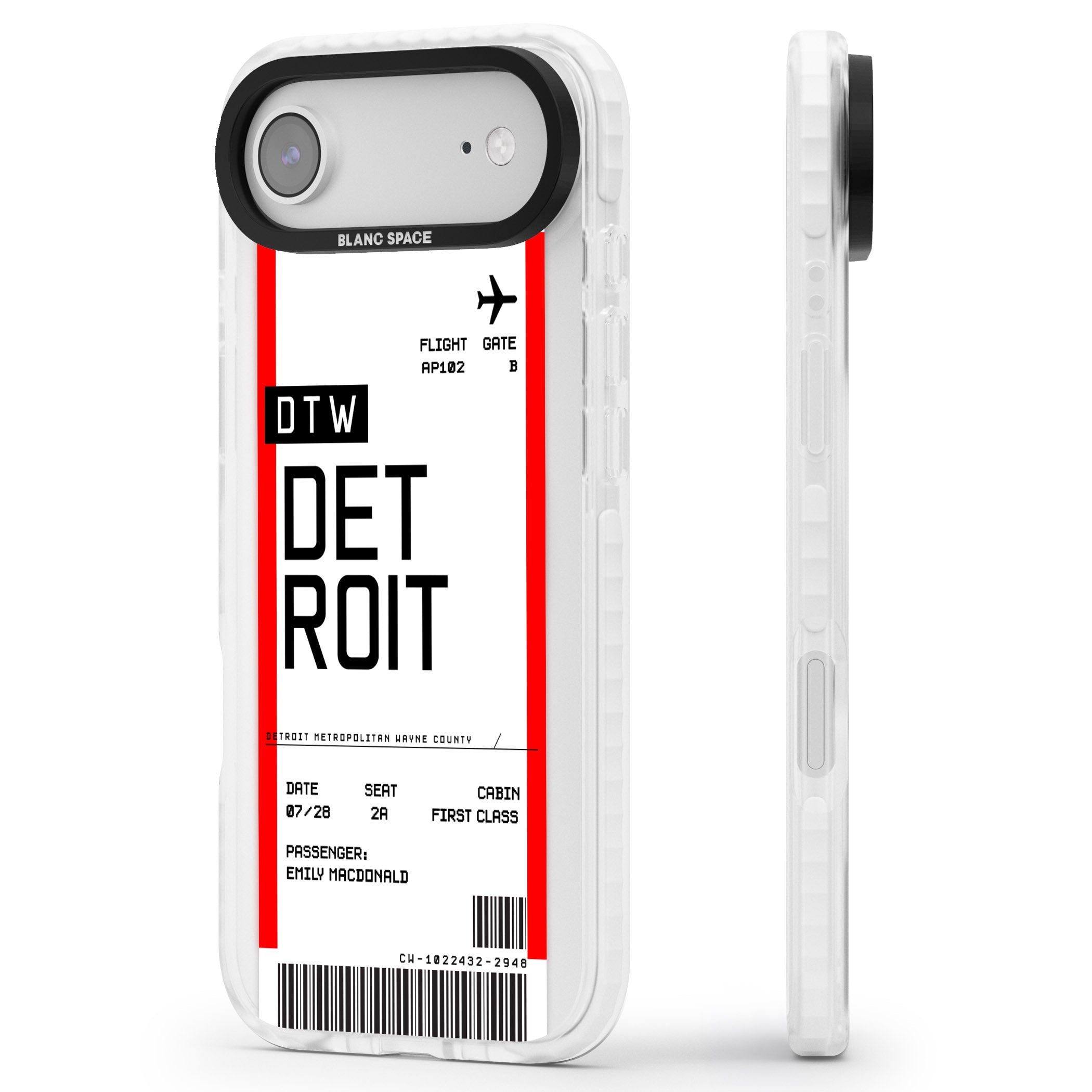 Personalised Detroit Boarding Pass iPhone 17 Air Impact Pro Clear Phone Case Side Profile