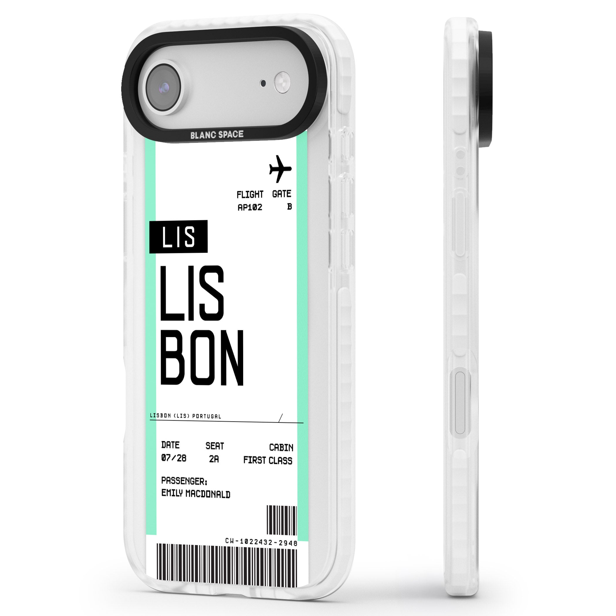 Personalised Lisbon Boarding Pass iPhone 17 Air Impact Pro Clear Phone Case Side Profile