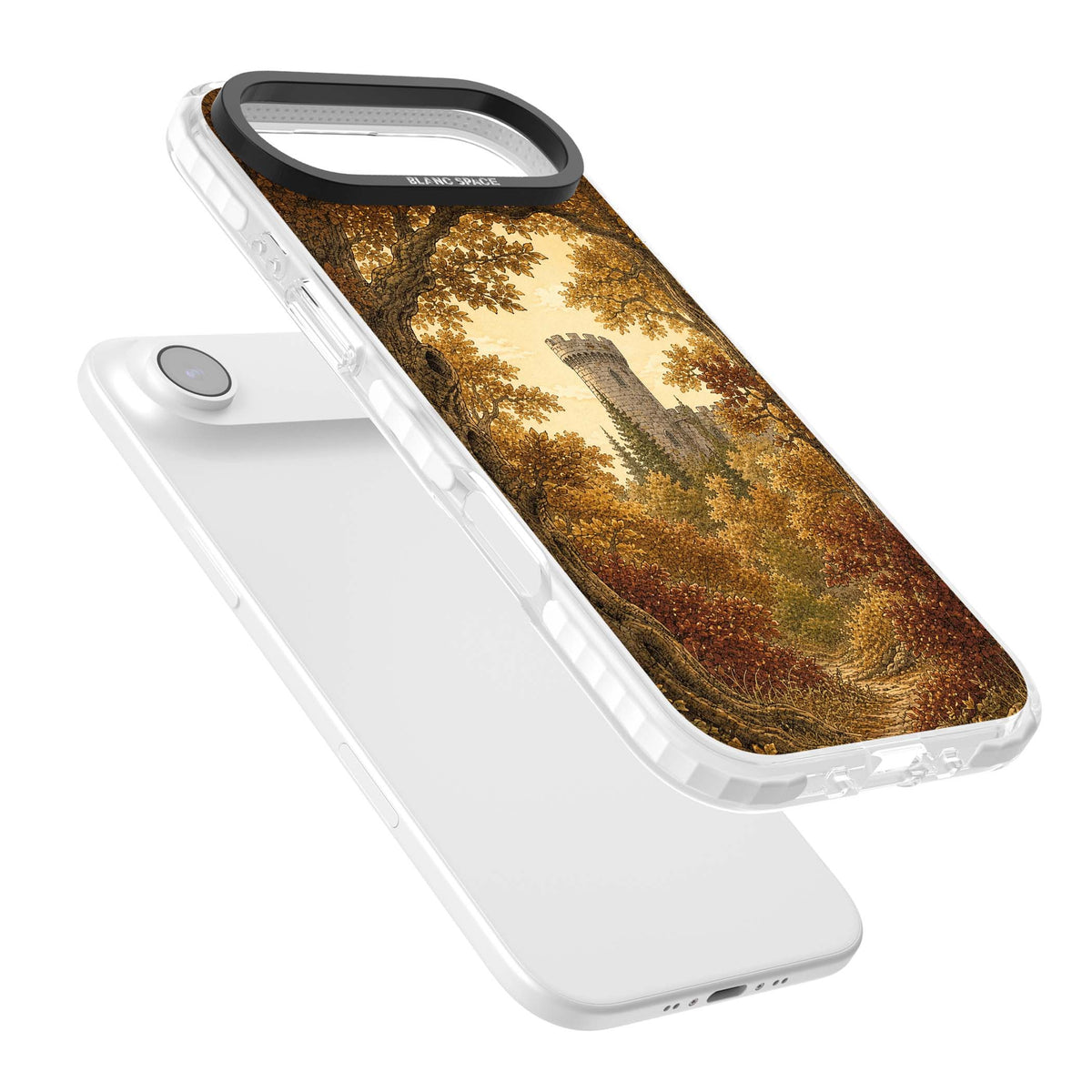 Autumn Keep cottagecore iPhone case featuring a medieval castle tower framed by golden autumn trees and woodland foliage | Impact Magsafe case for iPhone Air