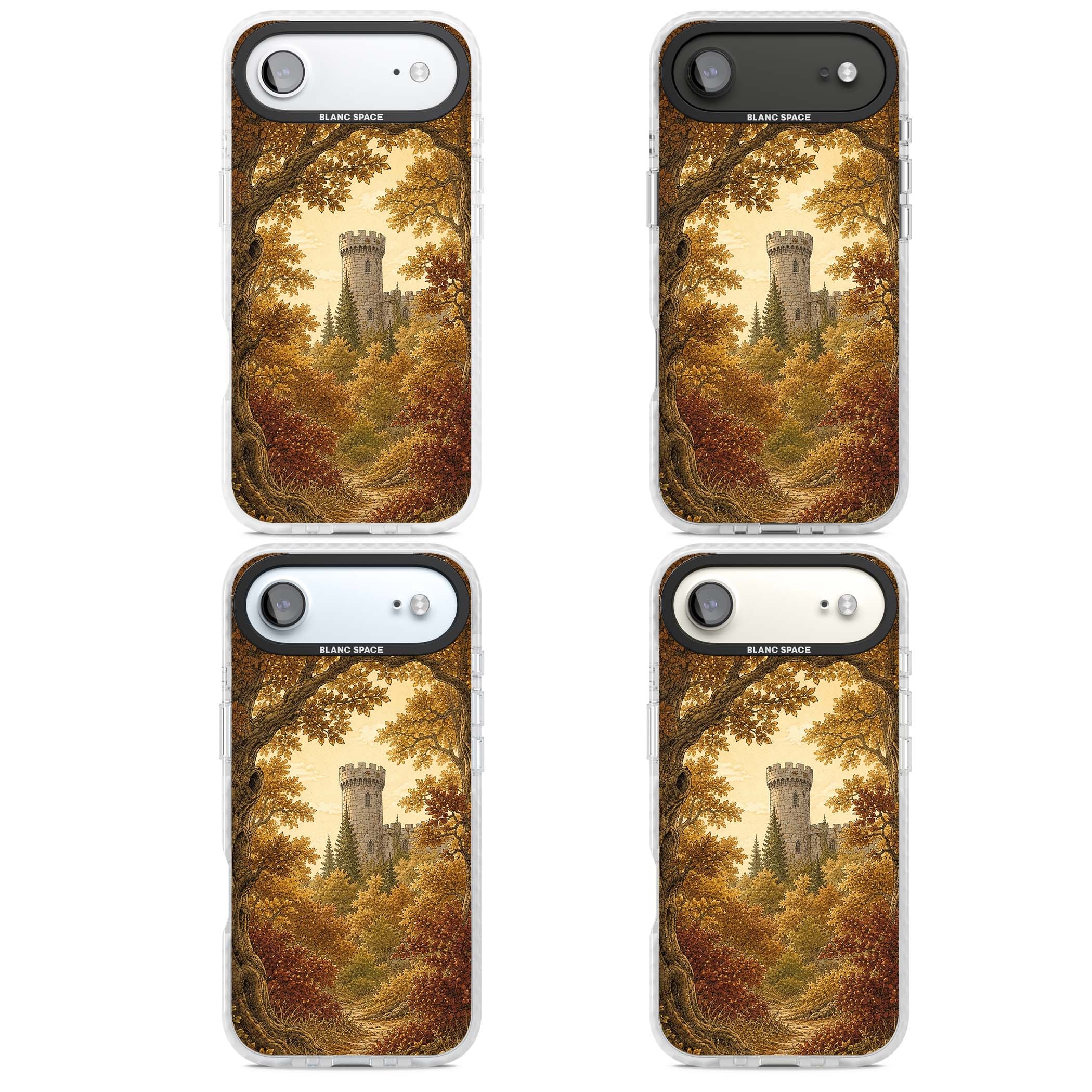 Autumn Keep cottagecore iPhone case featuring a medieval castle tower framed by golden autumn trees and woodland foliage | Impact Magsafe case for iPhone Air