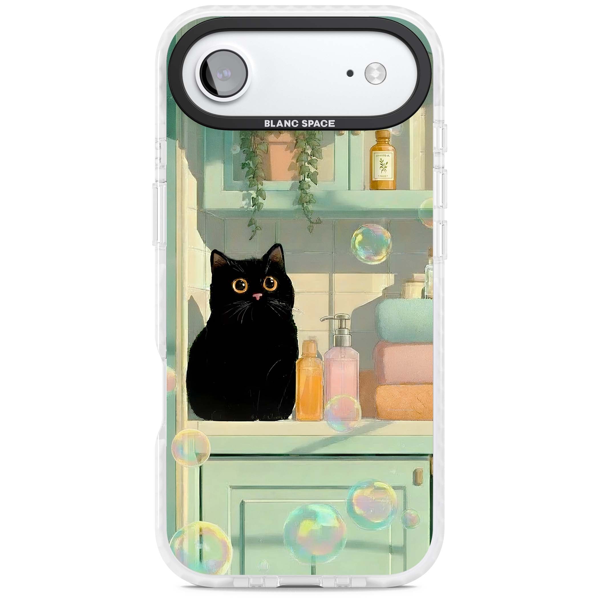 Bathroom Bubble Kitty cottagecore iPhone case featuring a black cat, mint bathroom scene and floating soap bubbles | Impact Magsafe case for iPhone Air