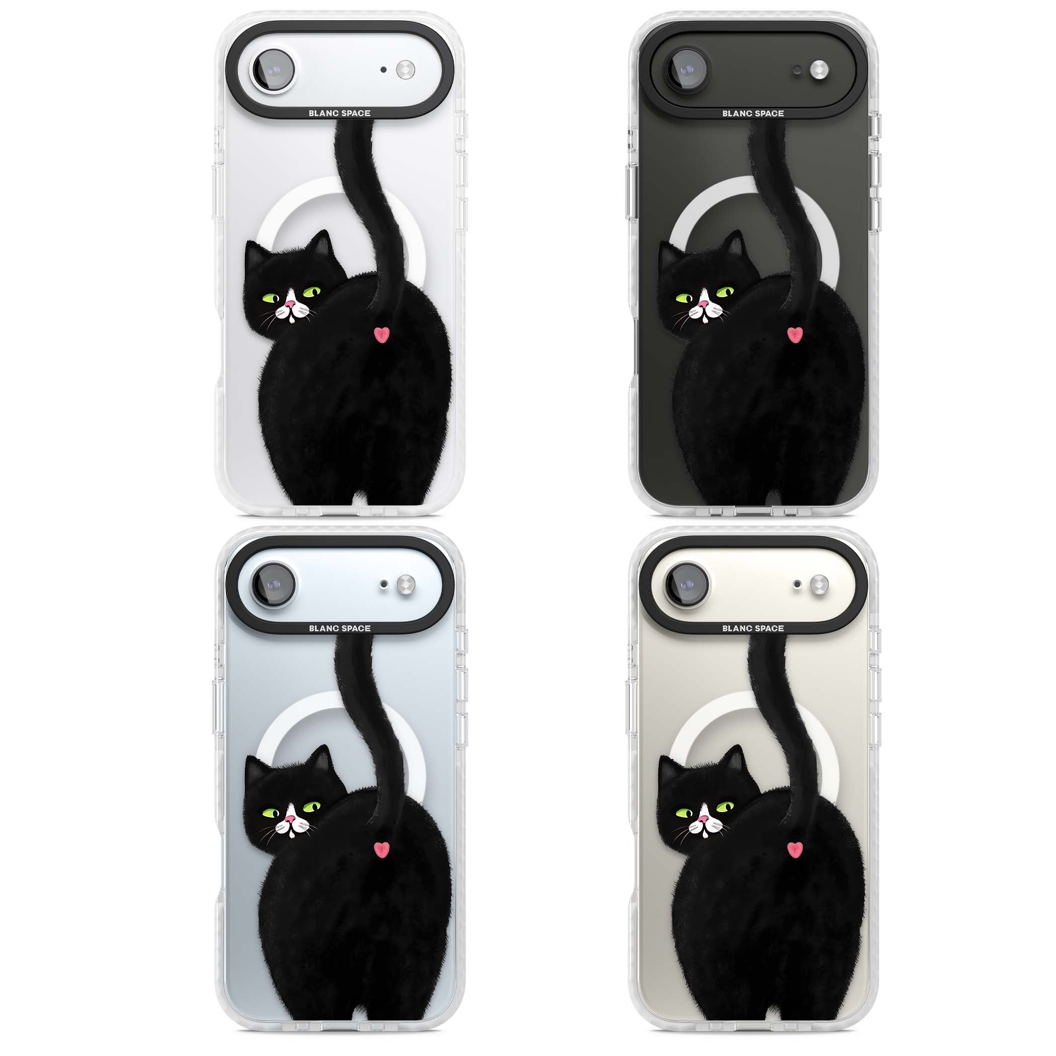 The Cat's Kiss cute cat iPhone case featuring a hand-painted tuxedo kitty with green eyes and a pink heart on a clear  | Impact Magsafe case for iPhone Air
