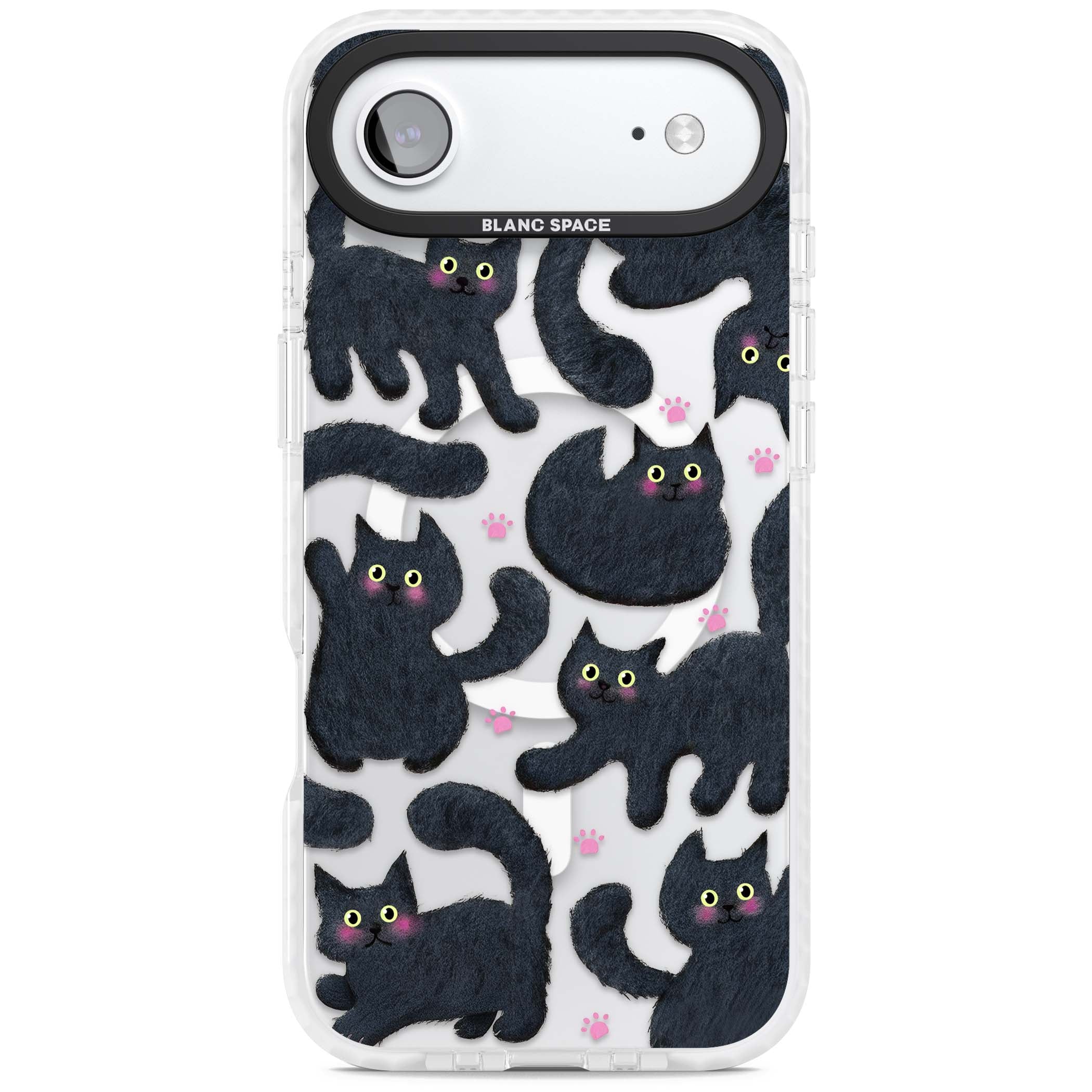 Midnight Cats cute iPhone case featuring black cat pattern with yellow eyes and pink paw prints | Impact Magsafe case for iPhone Air