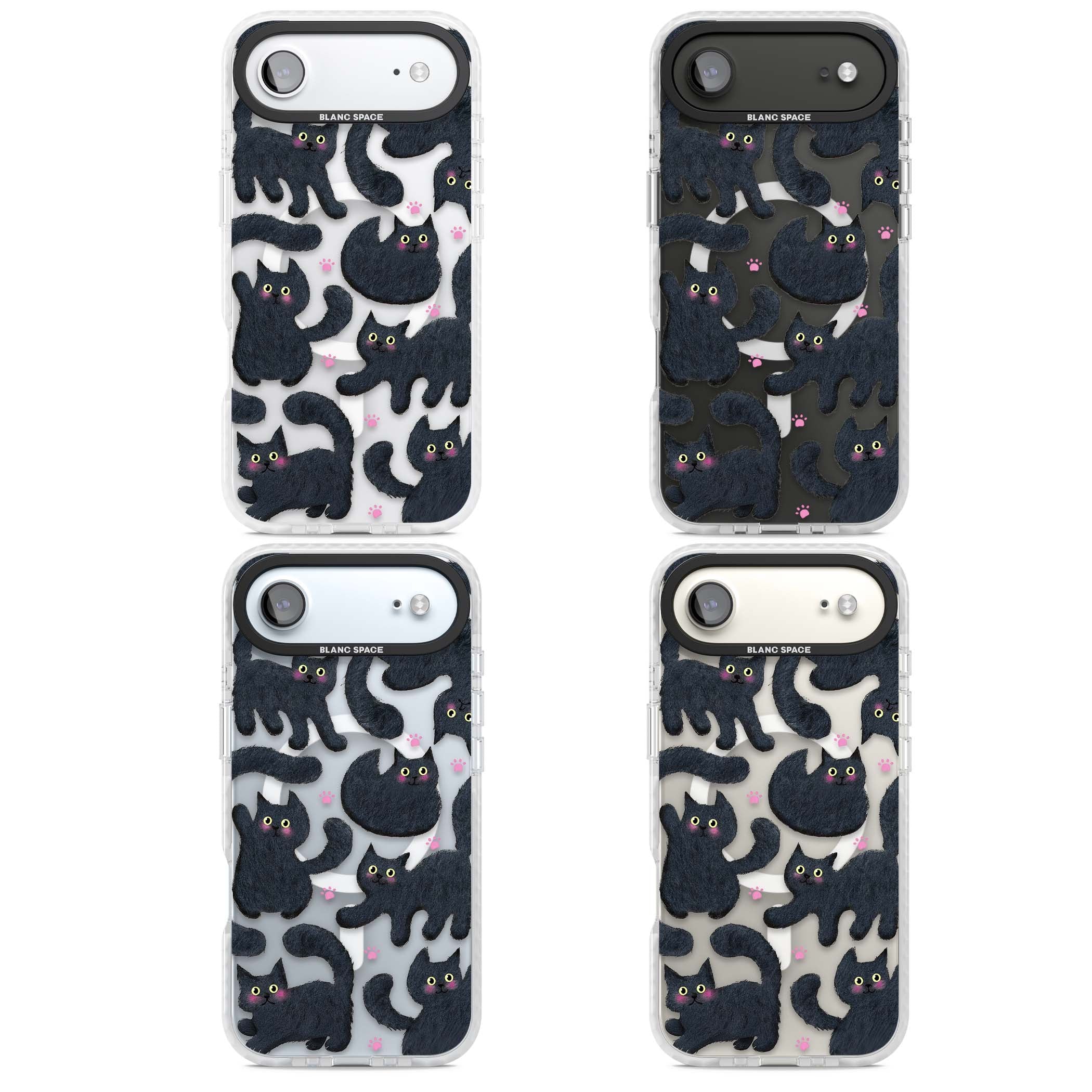 Midnight Cats cute iPhone case featuring black cat pattern with yellow eyes and pink paw prints | Impact Magsafe case for iPhone Air