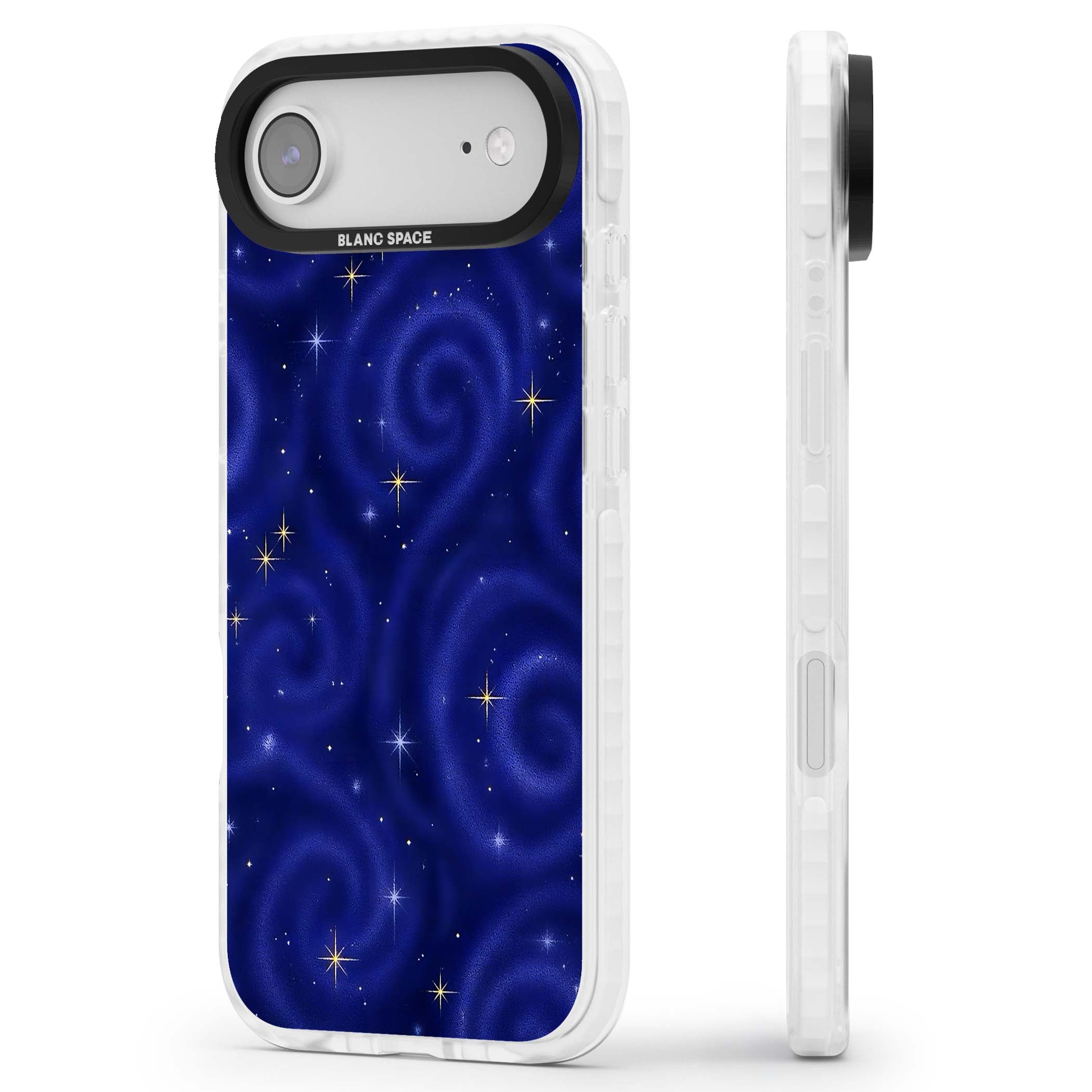 Indigo Cosmos celestial iPhone case featuring swirling navy night sky and sparkling golden stars | Impact Magsafe case for iPhone Air