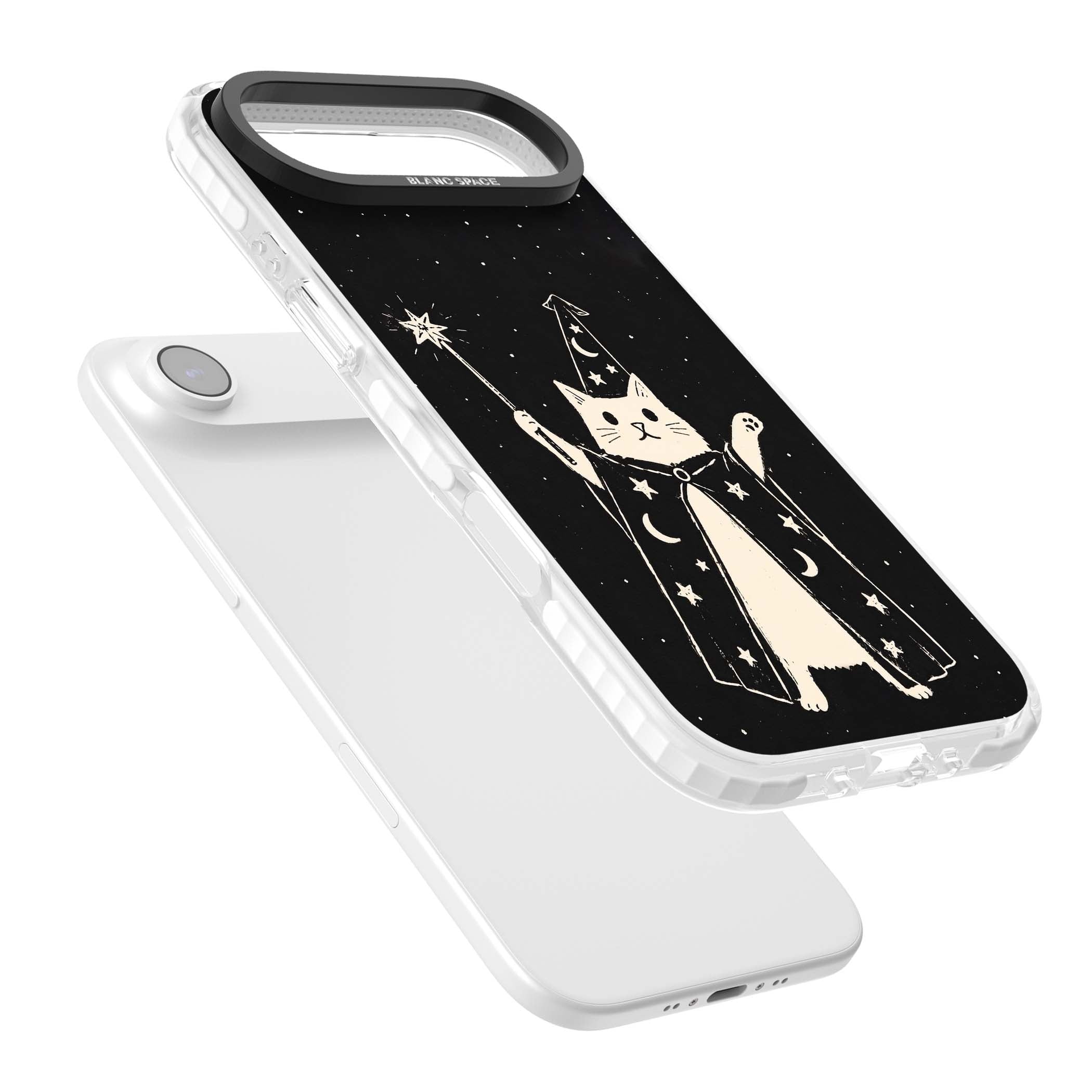 Whisker Wizard celestial cat iPhone case featuring a wizard cat with magic wand, starry night sky and crescent moons | Impact Magsafe case for iPhone Air
