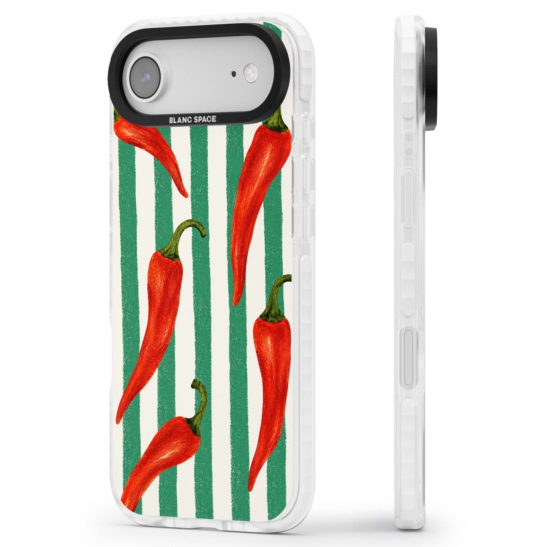 Striped Chillis coastal iPhone case featuring hand-painted red chili peppers on green and cream stripes | Impact Magsafe case for iPhone Air