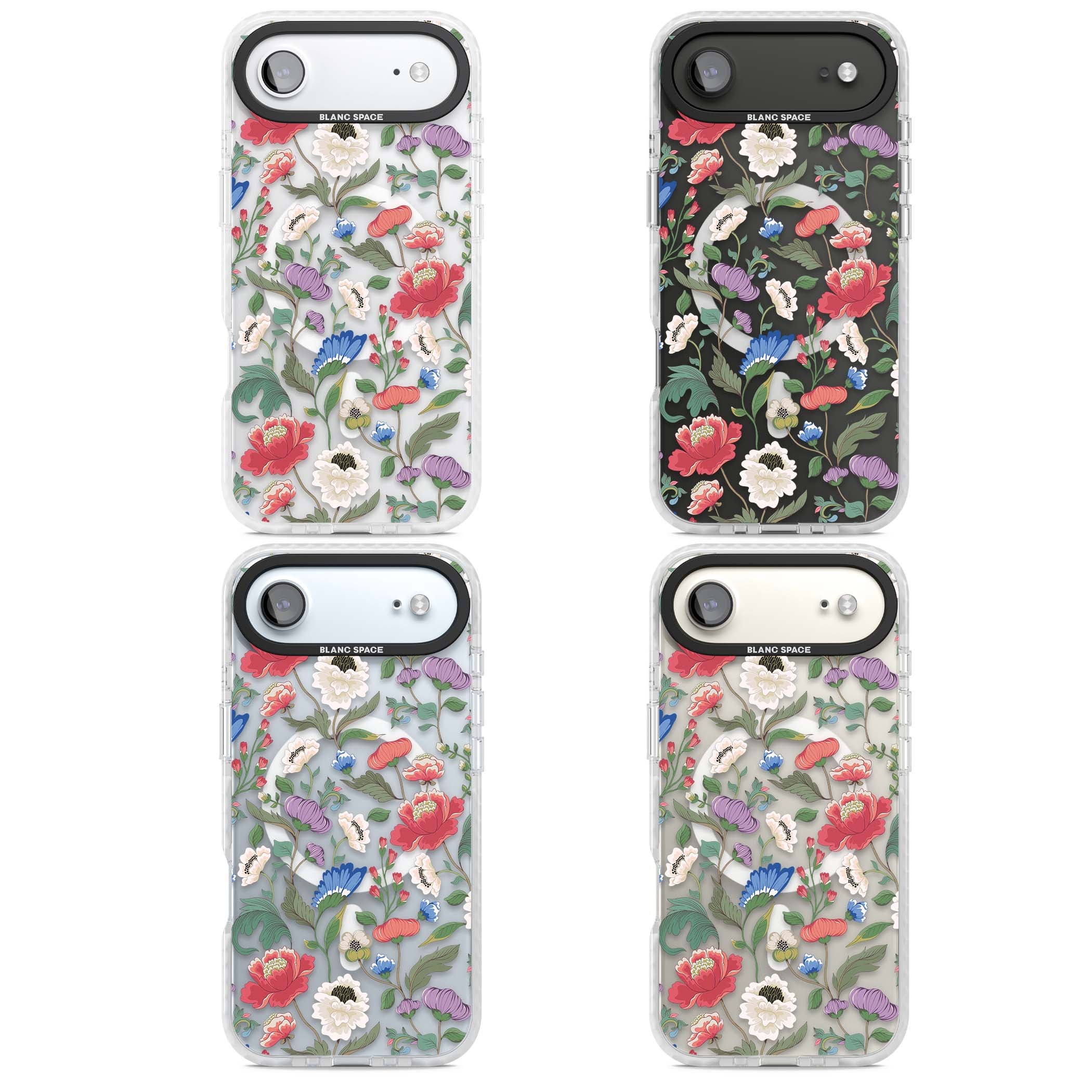 Chinoiserie Bloom vintage floral iPhone case featuring hand-painted peonies, poppies and trailing wildflowers on clear... | Impact Magsafe case for iPhone Air