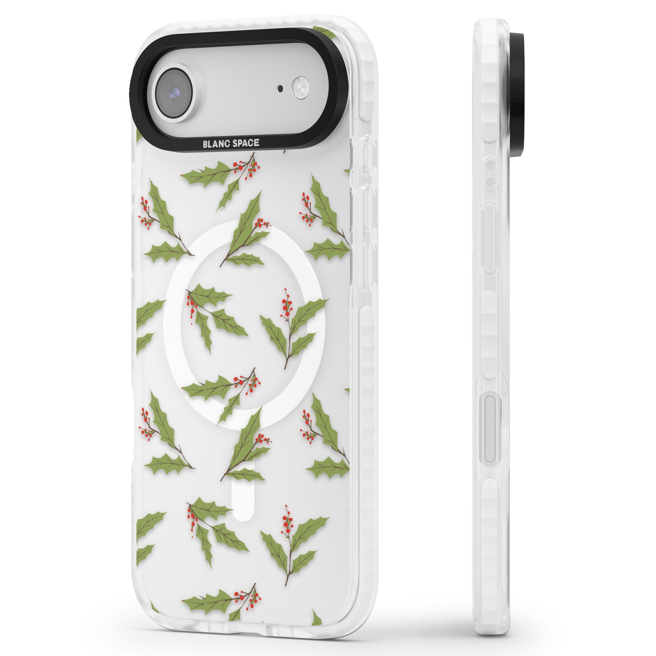 Christmas Holly Pattern iPhone 17 Air Impact Pro Clear Phone Case Side Profile