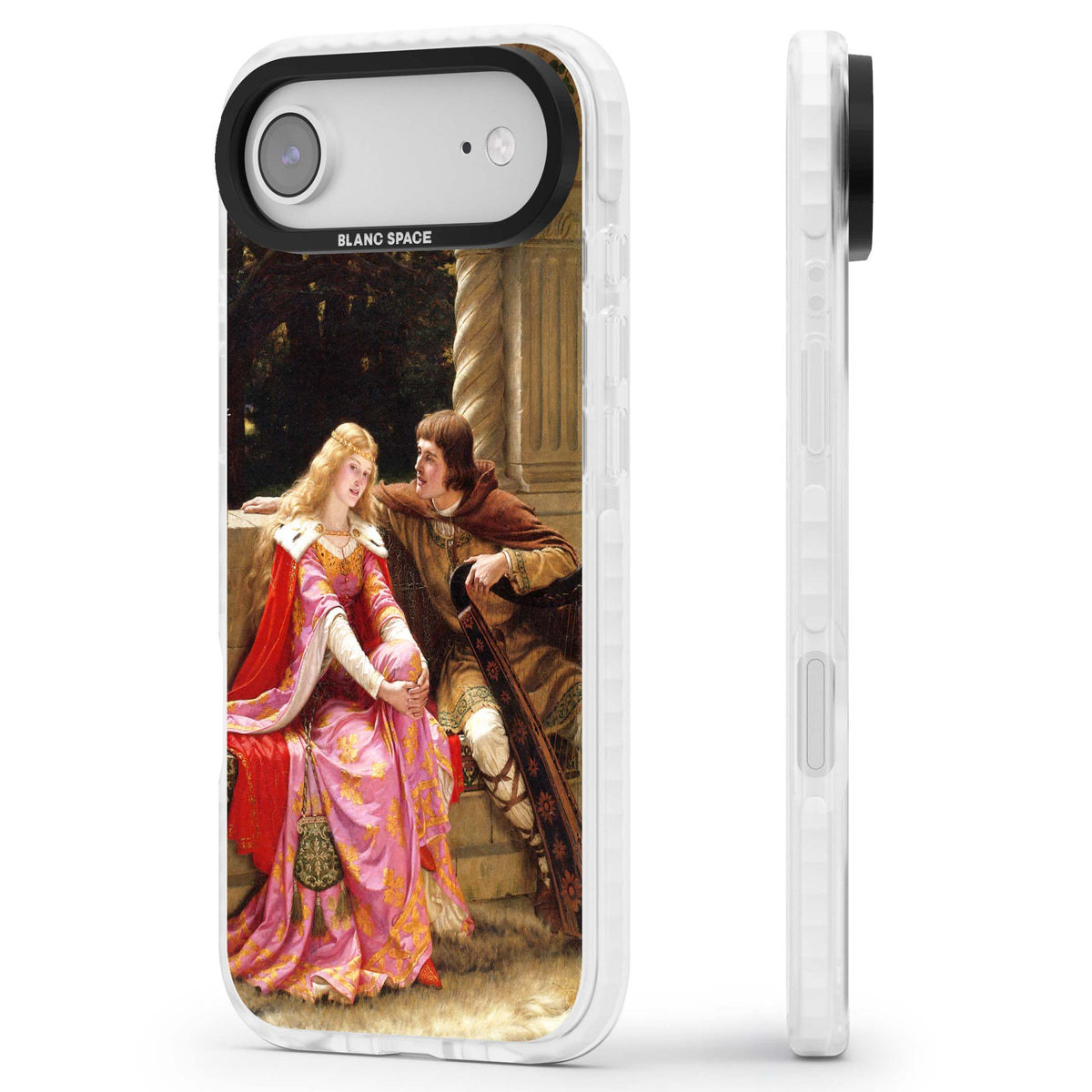 The End of the Song classic art iPhone case featuring a medieval lady in pink gown and her knight in a stone archway | Impact Magsafe case for iPhone Air