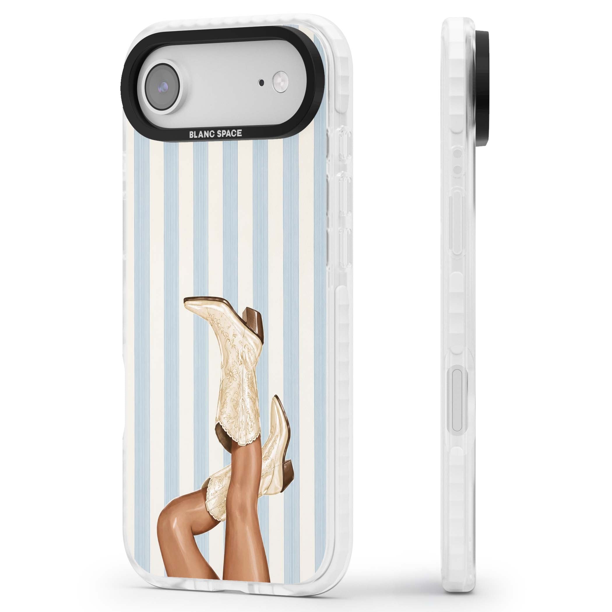 Cowgirl Boots coastal cowgirl iPhone case featuring embroidered western boots, tanned legs and a blue stripe backdrop | Impact Magsafe case for iPhone Air
