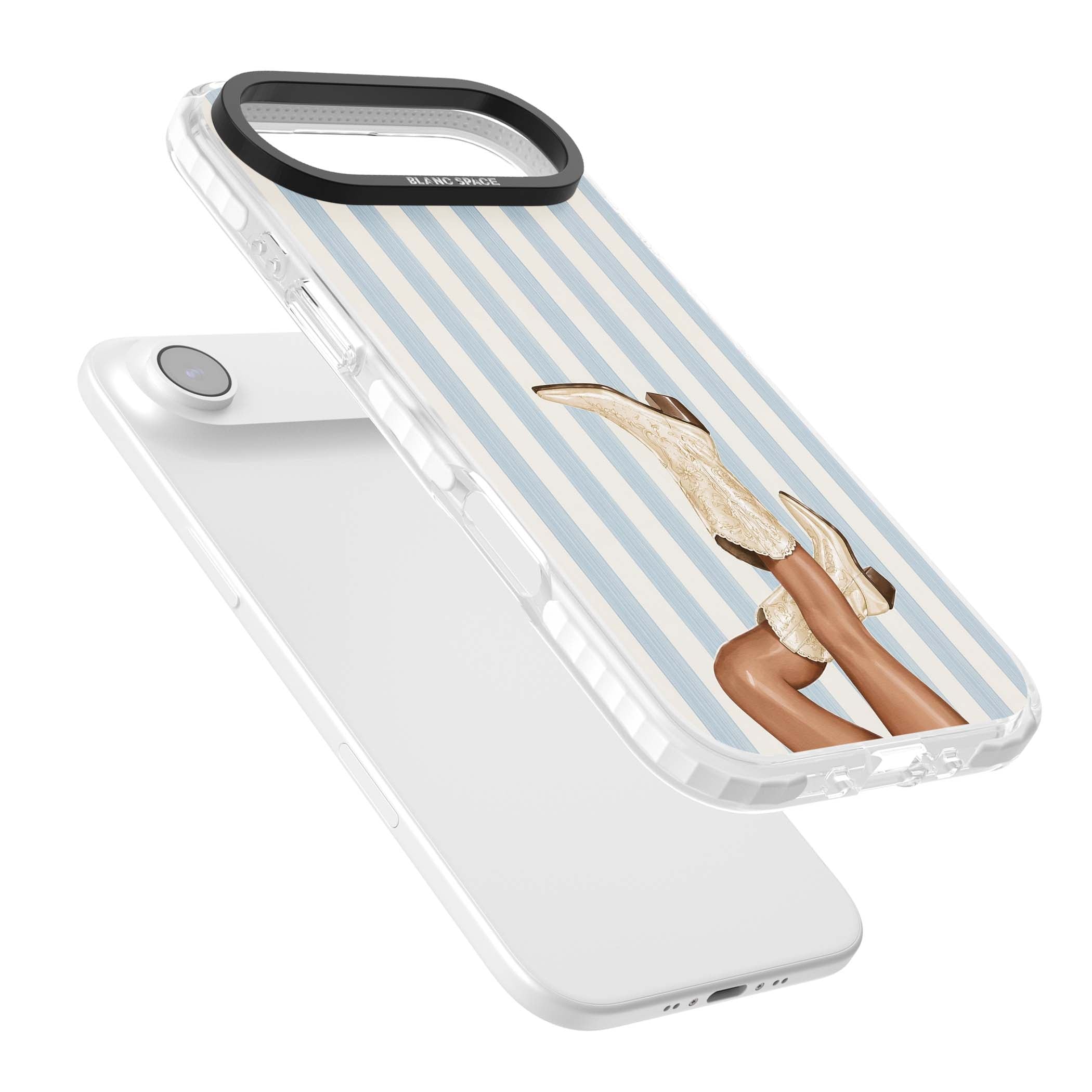 Cowgirl Boots coastal cowgirl iPhone case featuring embroidered western boots, tanned legs and a blue stripe backdrop | Impact Magsafe case for iPhone Air