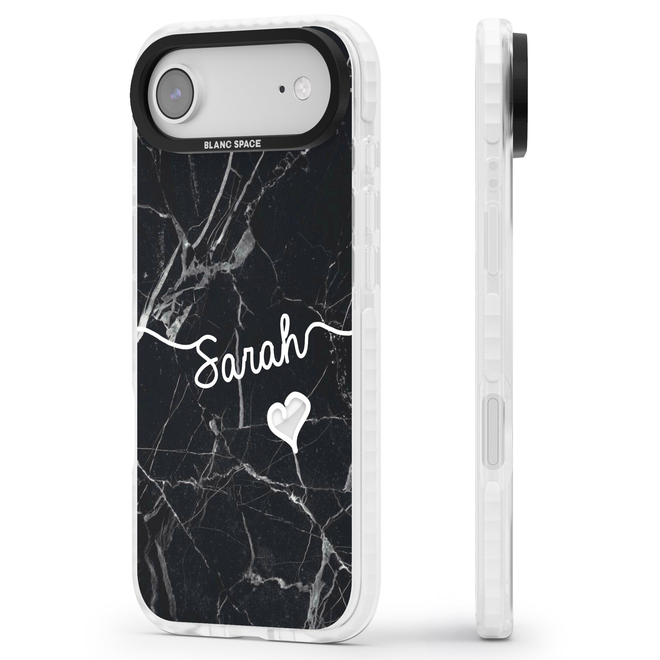 Personalised Black Marble Heart iPhone 17 Air Impact Pro Clear Phone Case Side Profile