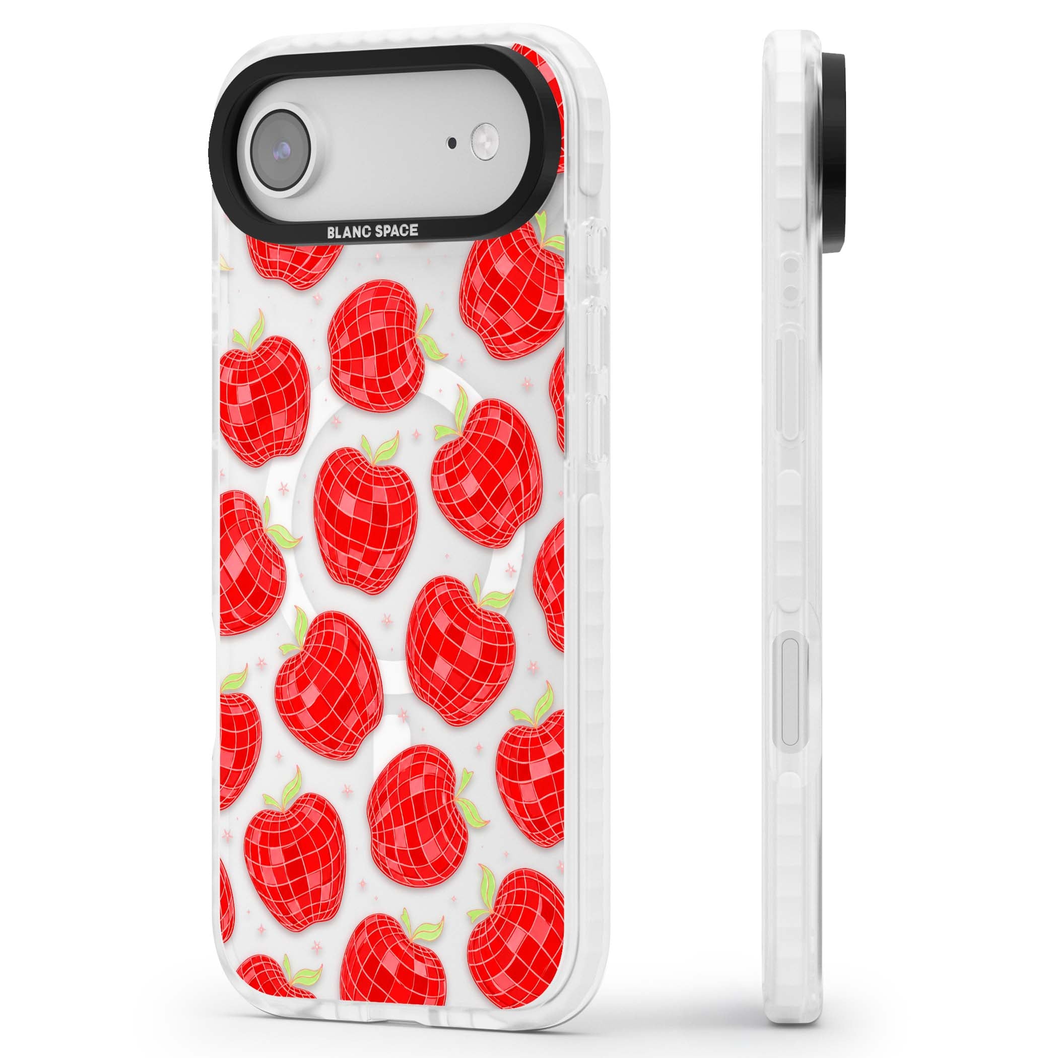 Disco Apples Y2K iPhone case featuring red disco ball apples, green leaves and pink sparkles on clear | Impact Magsafe case for iPhone Air