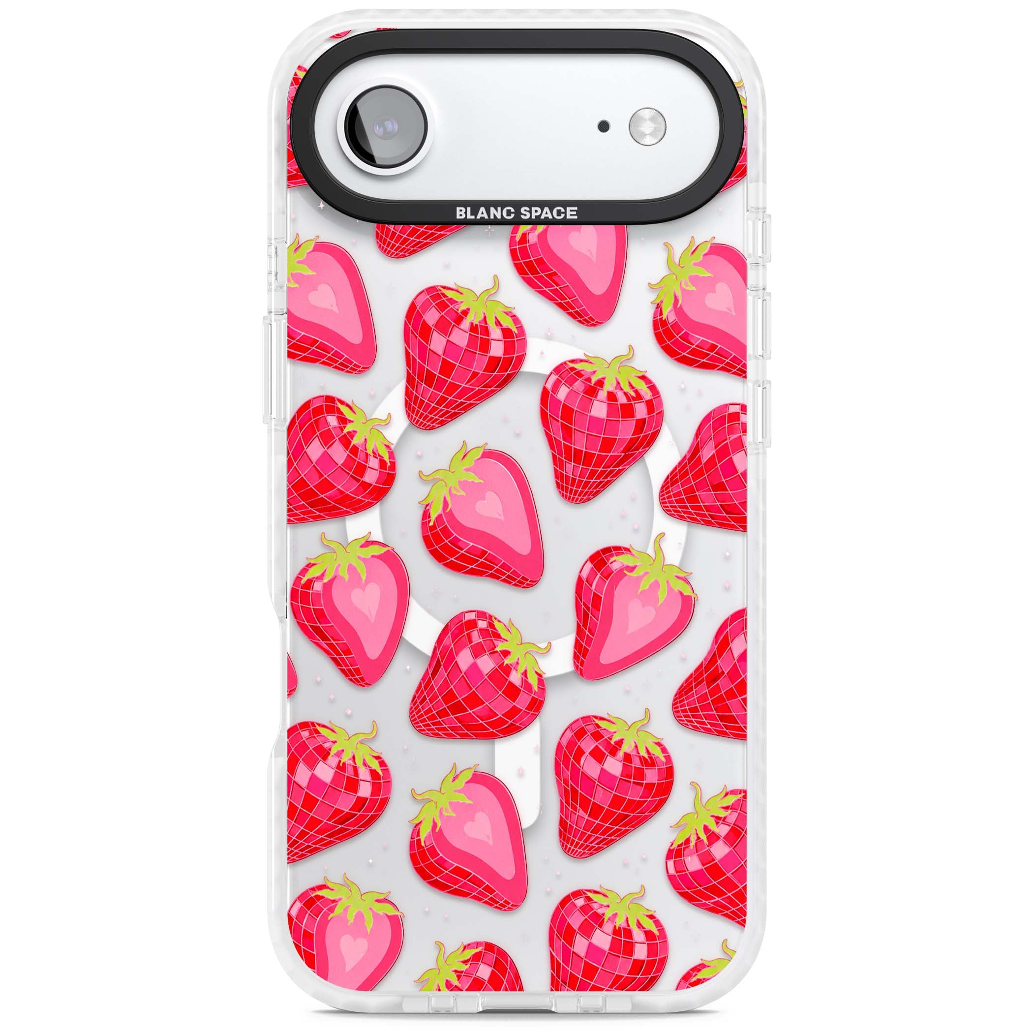 Disco Strawberry Y2K iPhone case featuring pink disco-ball strawberries, green leaves and tiny sparkles | Impact Magsafe case for iPhone Air