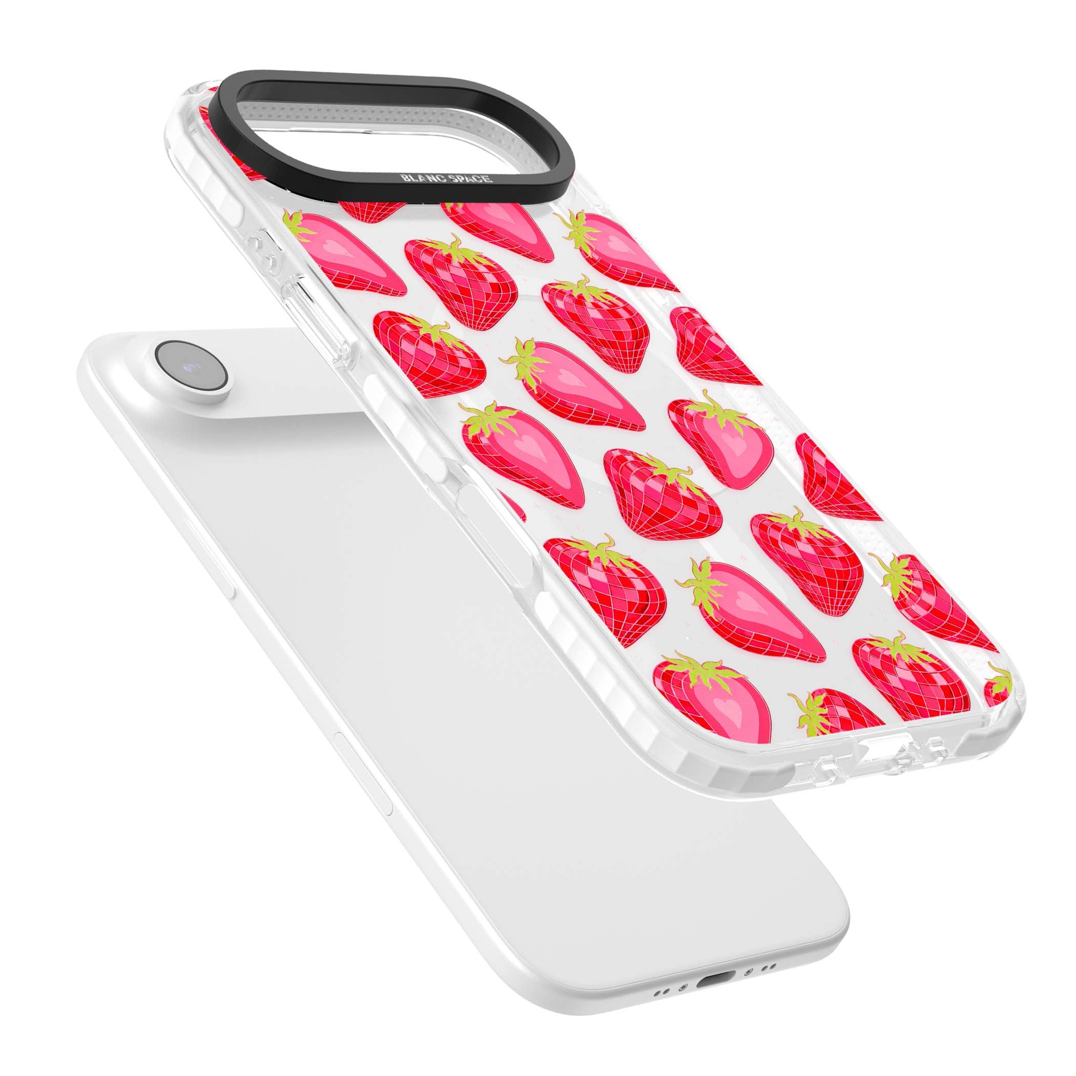 Disco Strawberry Y2K iPhone case featuring pink disco-ball strawberries, green leaves and tiny sparkles | Impact Magsafe case for iPhone Air