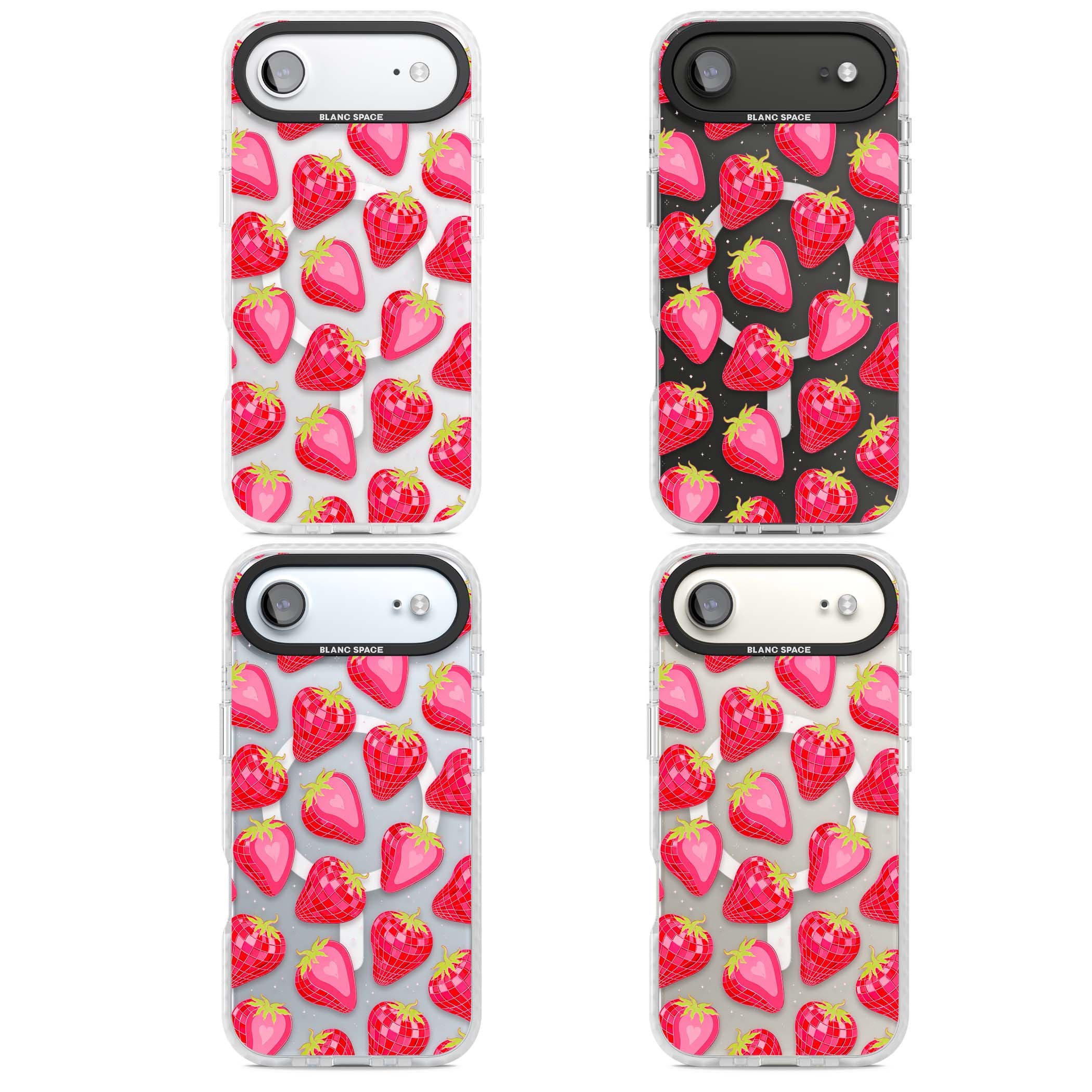 Disco Strawberry Y2K iPhone case featuring pink disco-ball strawberries, green leaves and tiny sparkles | Impact Magsafe case for iPhone Air