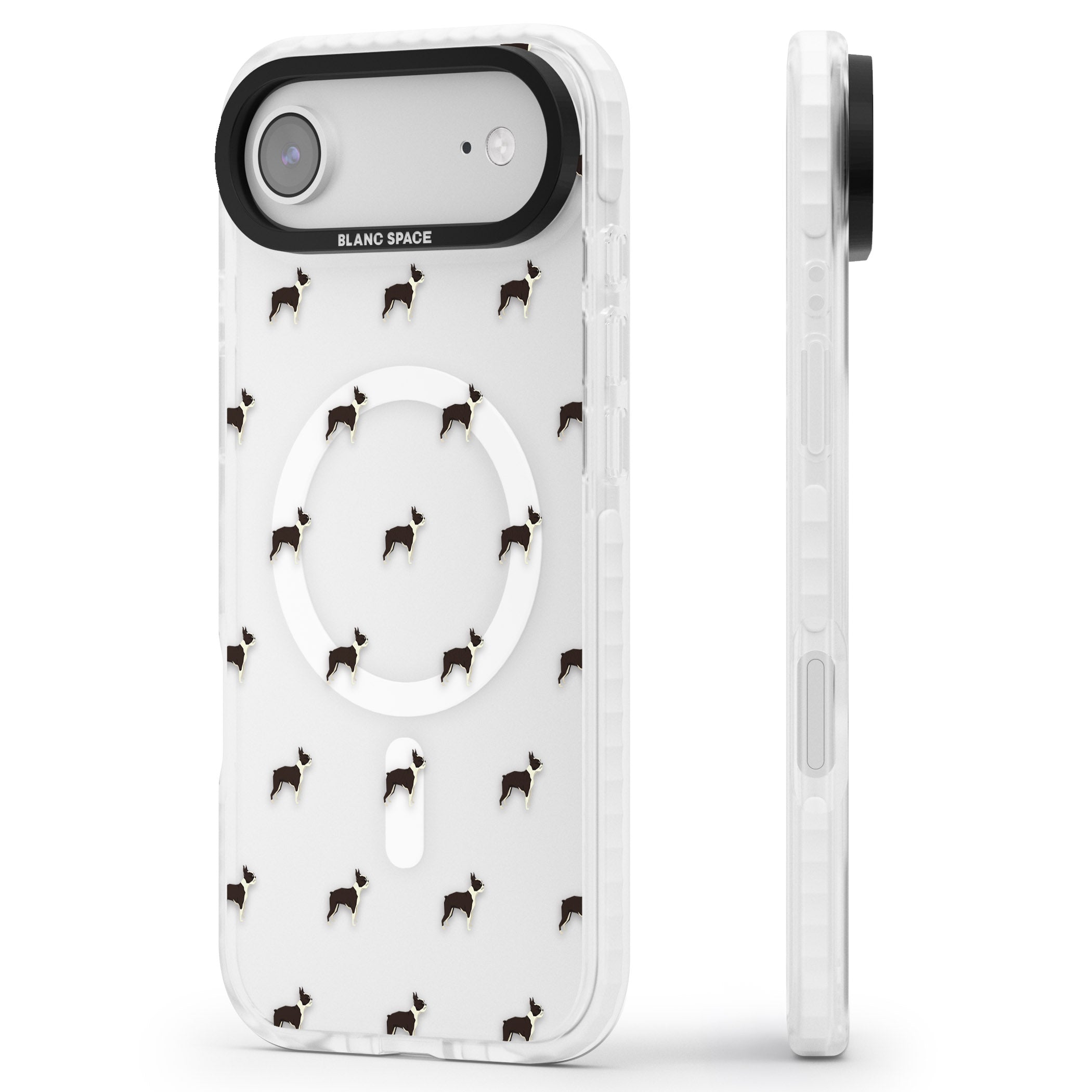 Boston Terrier Pattern iPhone 17 Air Impact Pro Clear Phone Case Side Profile