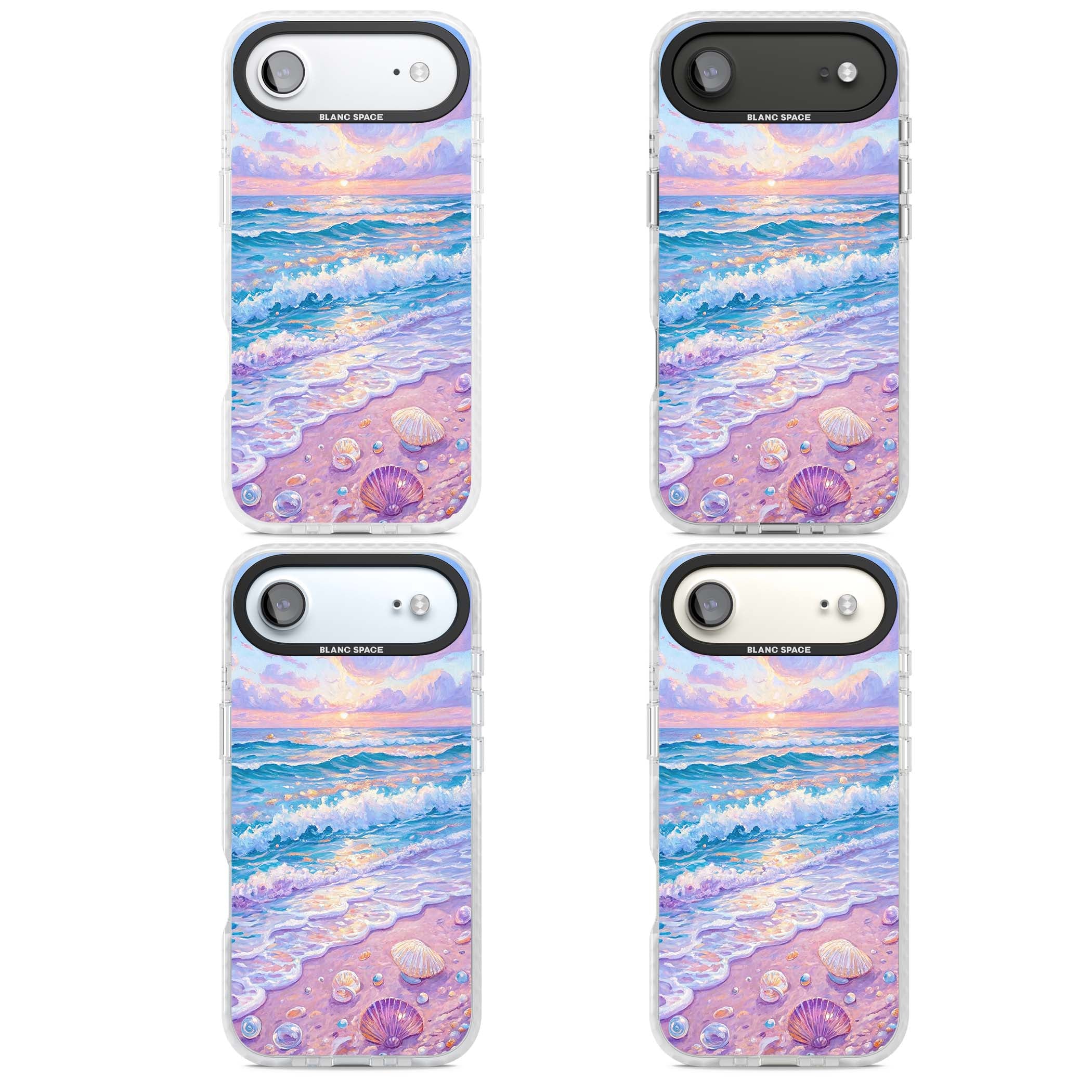 Pearl Shore coastal iPhone case featuring pastel painted waves, seashells, and a sunrise sky over a lavender beach. | Impact Magsafe case for iPhone Air