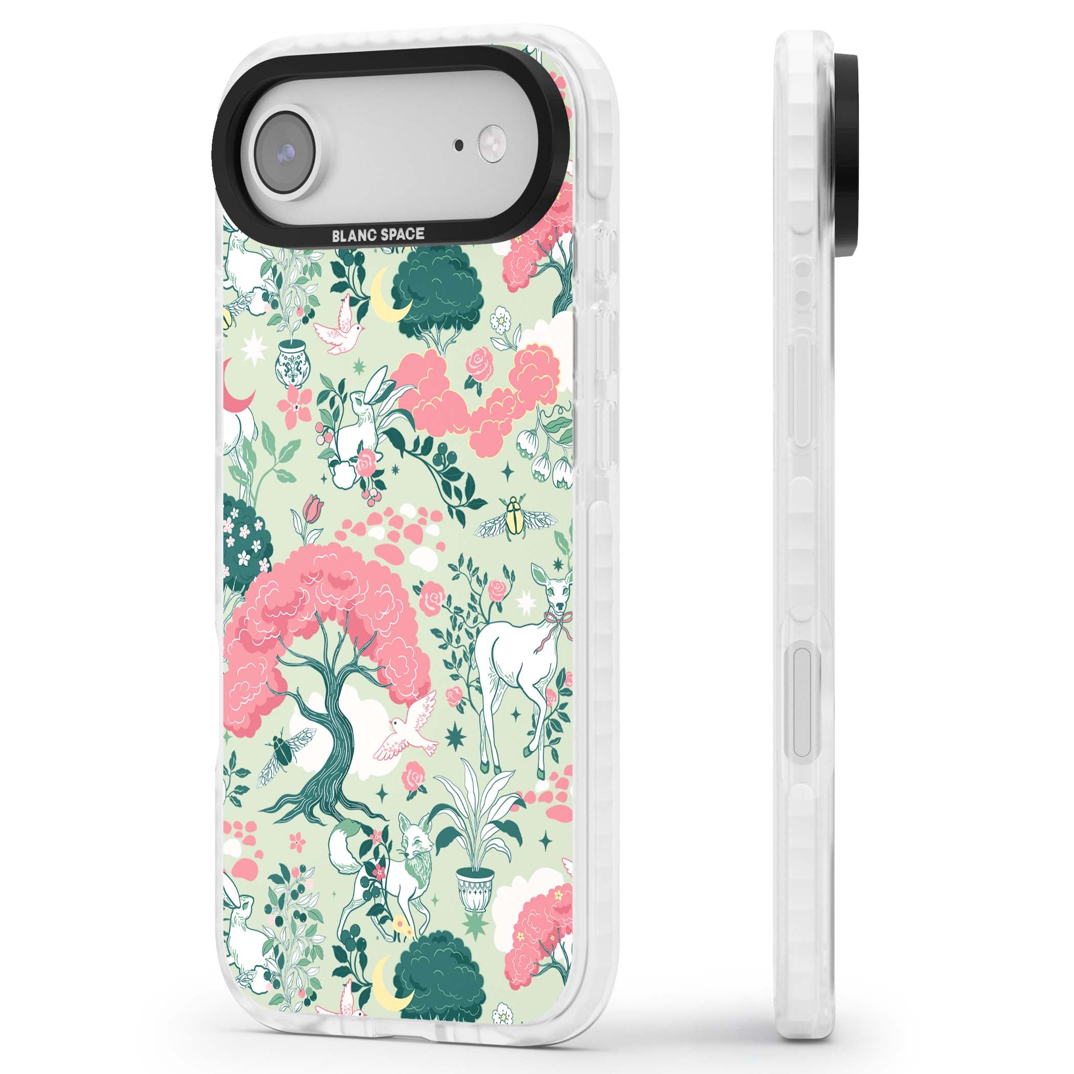 Enchanted Woodland cottagecore iPhone case featuring white deer, pink roses, mushrooms and woodland animals on sage green | Impact Magsafe case for iPhone Air