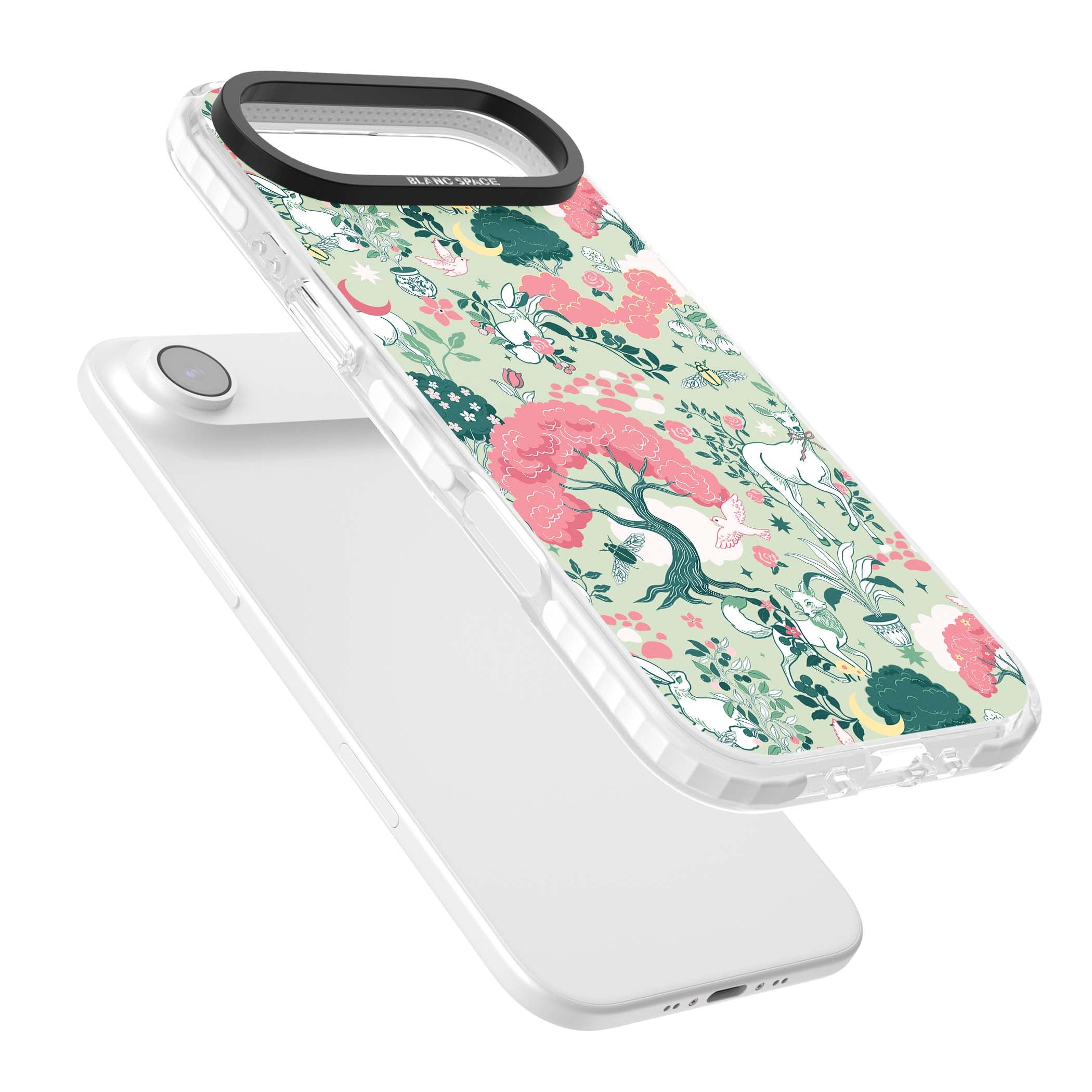 Enchanted Woodland cottagecore iPhone case featuring white deer, pink roses, mushrooms and woodland animals on sage green | Impact Magsafe case for iPhone Air
