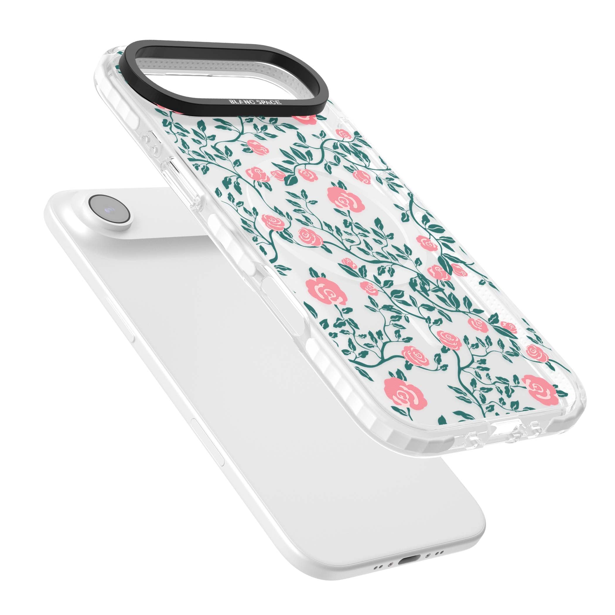 Rose Trellis (Clear) cottagecore iPhone case featuring pink climbing roses and green leaves on clear background | Impact Magsafe case for iPhone Air
