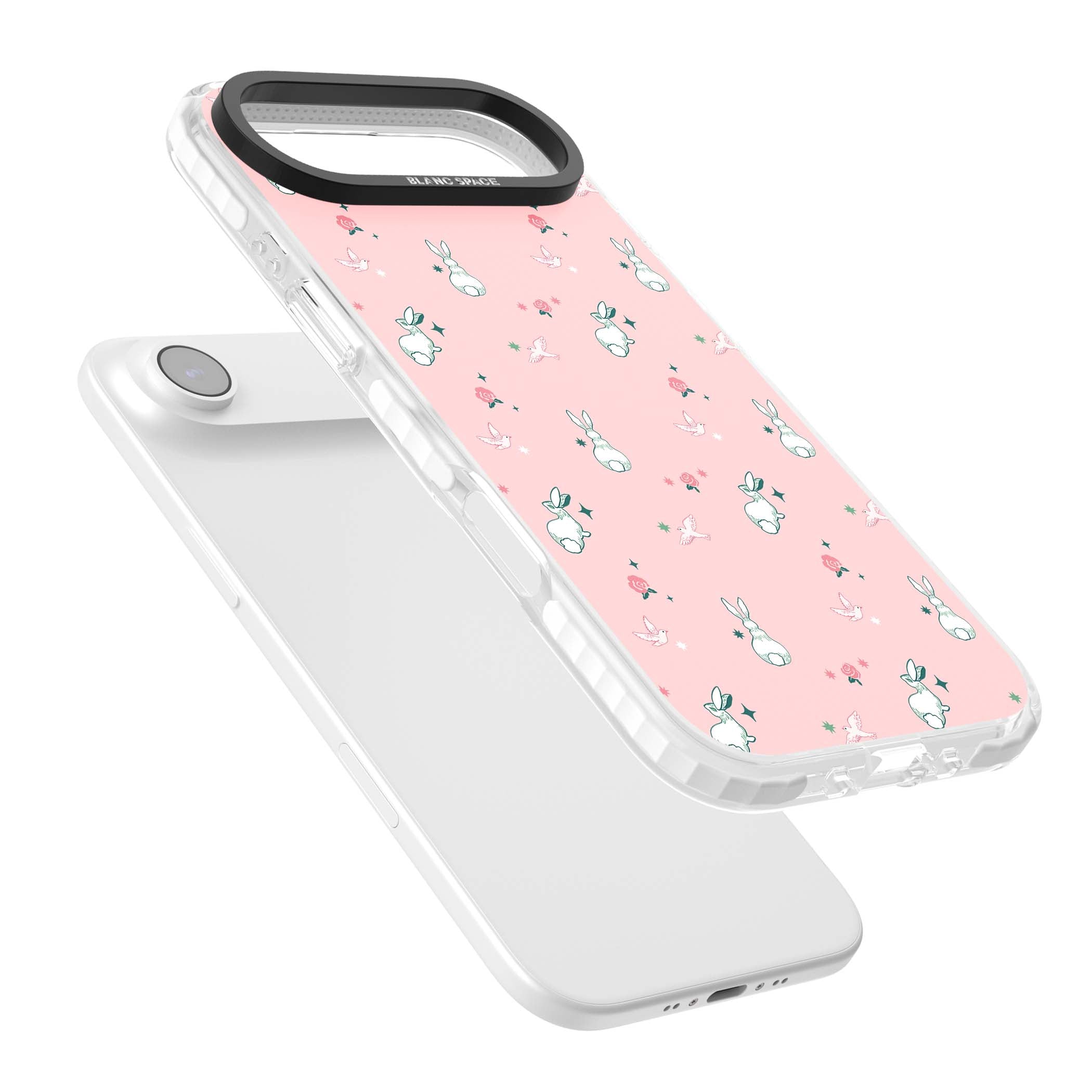 Bunny Garden kawaii iPhone case featuring white rabbits, pink roses, doves and stars on pink background | Impact Magsafe case for iPhone Air