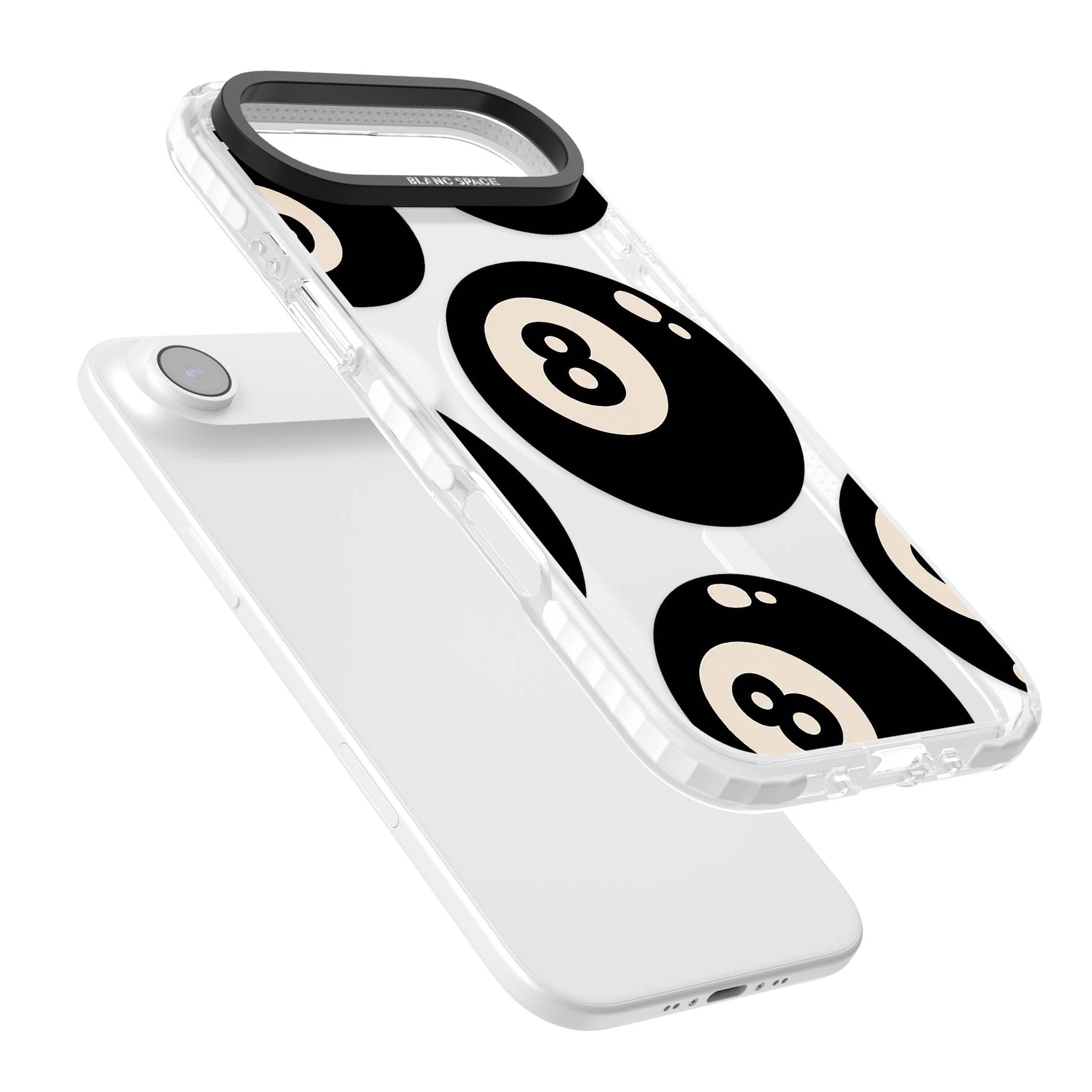 Eights y2k iPhone case featuring scattered black 8 balls with cream highlights on a clear background | Impact Magsafe case for iPhone Air