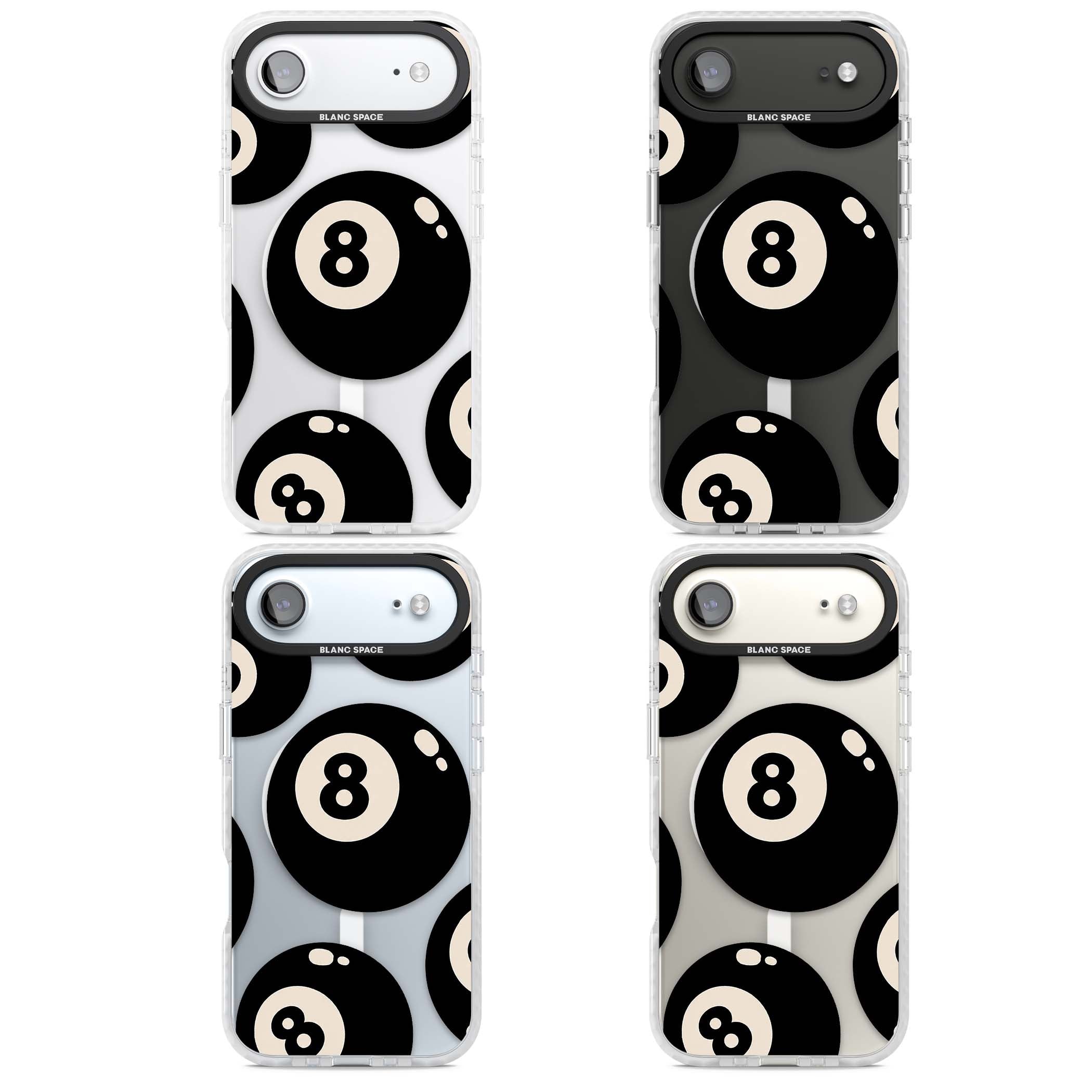 Eights y2k iPhone case featuring scattered black 8 balls with cream highlights on a clear background | Impact Magsafe case for iPhone Air