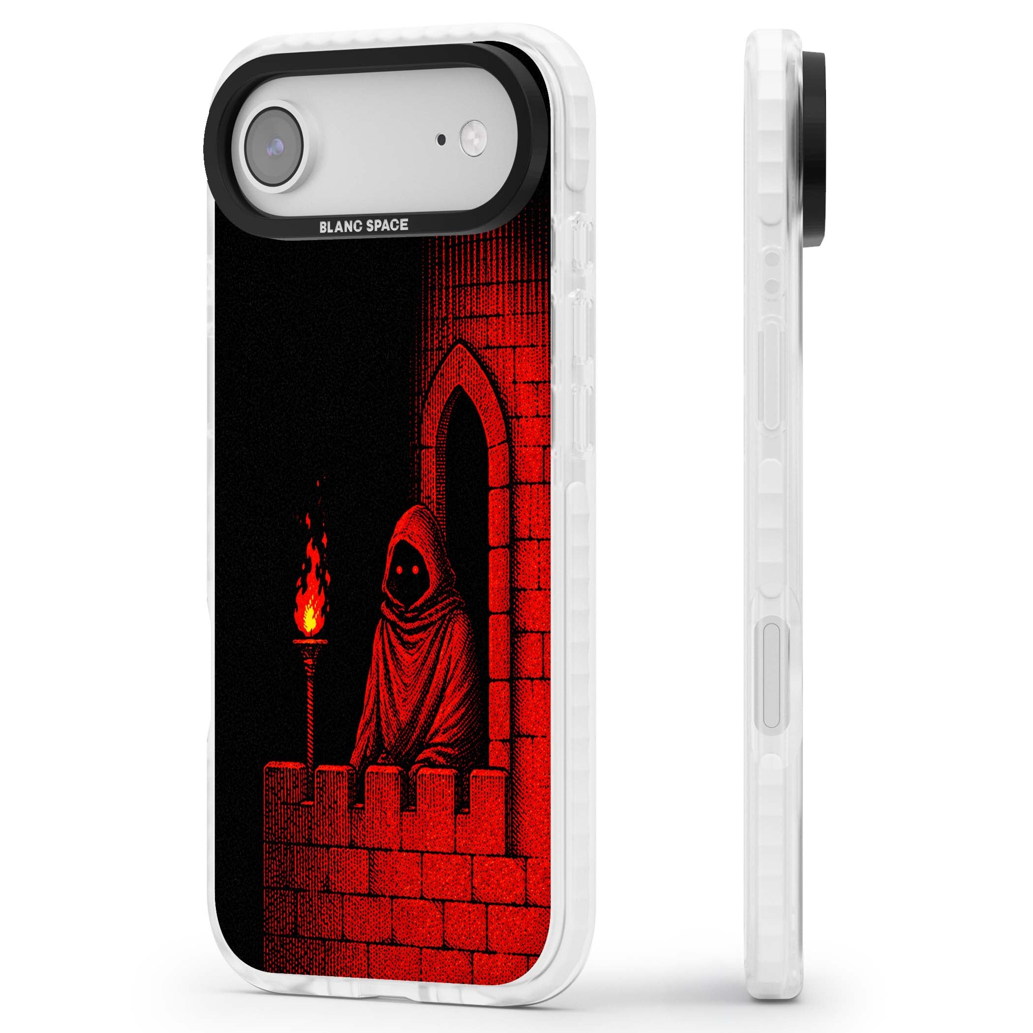 Crimson Crypt gothic iPhone case featuring a hooded reaper, torchlit crypt archway and red halftone horror art | Impact Magsafe case for iPhone Air