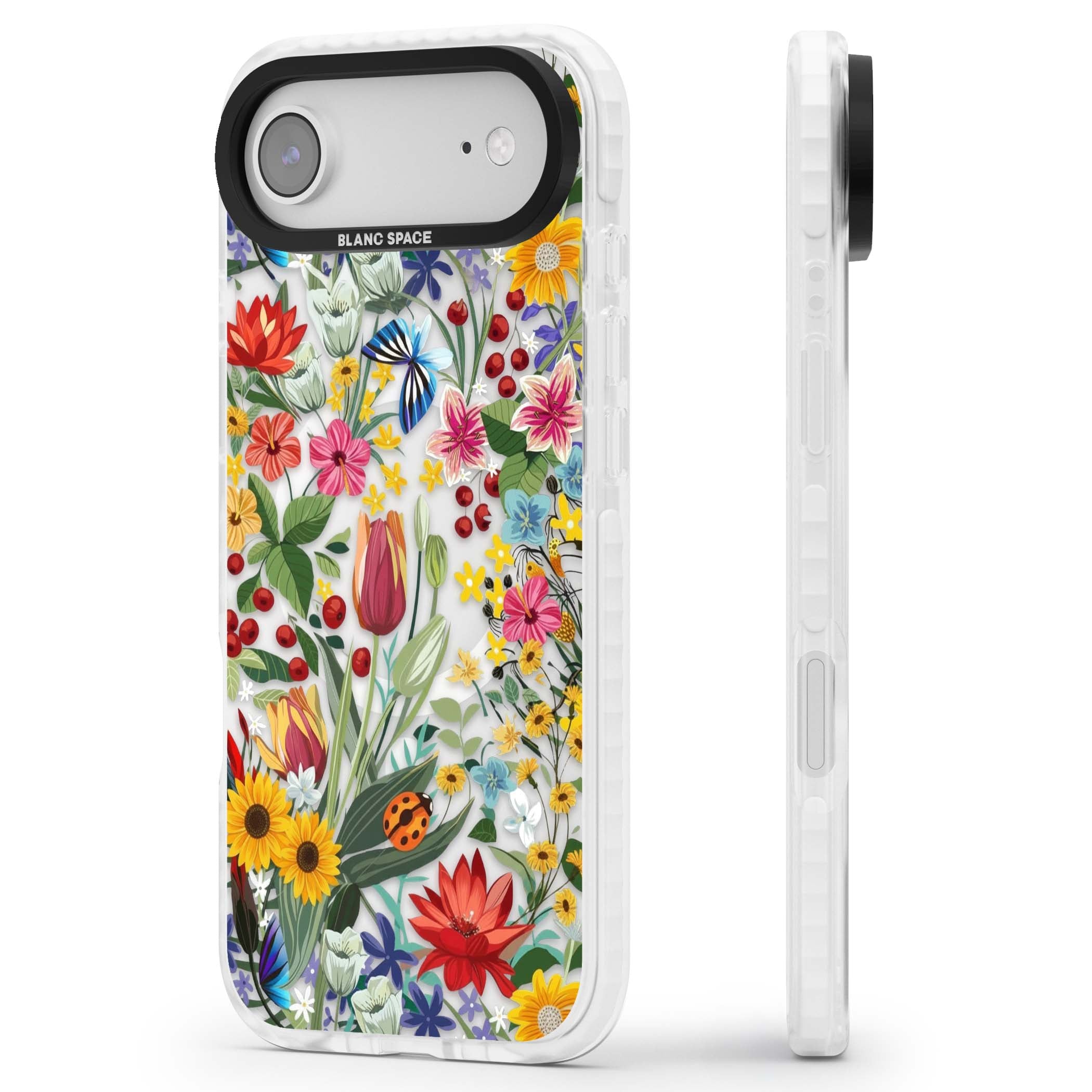 Botanical Bloom cottagecore iPhone case featuring colorful wildflowers, sunflowers, and ladybugs on clear background | Impact Magsafe case for iPhone Air