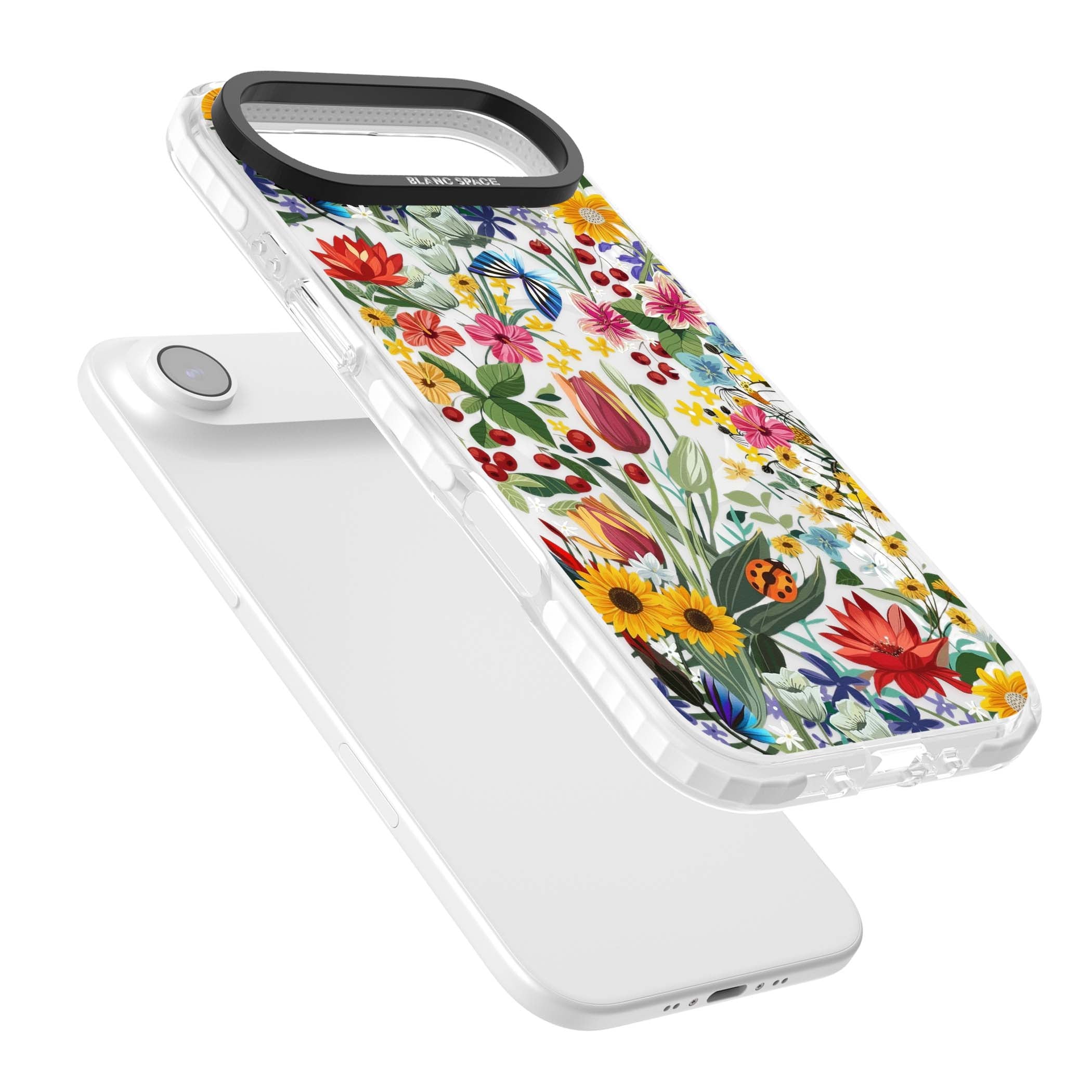 Botanical Bloom cottagecore iPhone case featuring colorful wildflowers, sunflowers, and ladybugs on clear background | Impact Magsafe case for iPhone Air