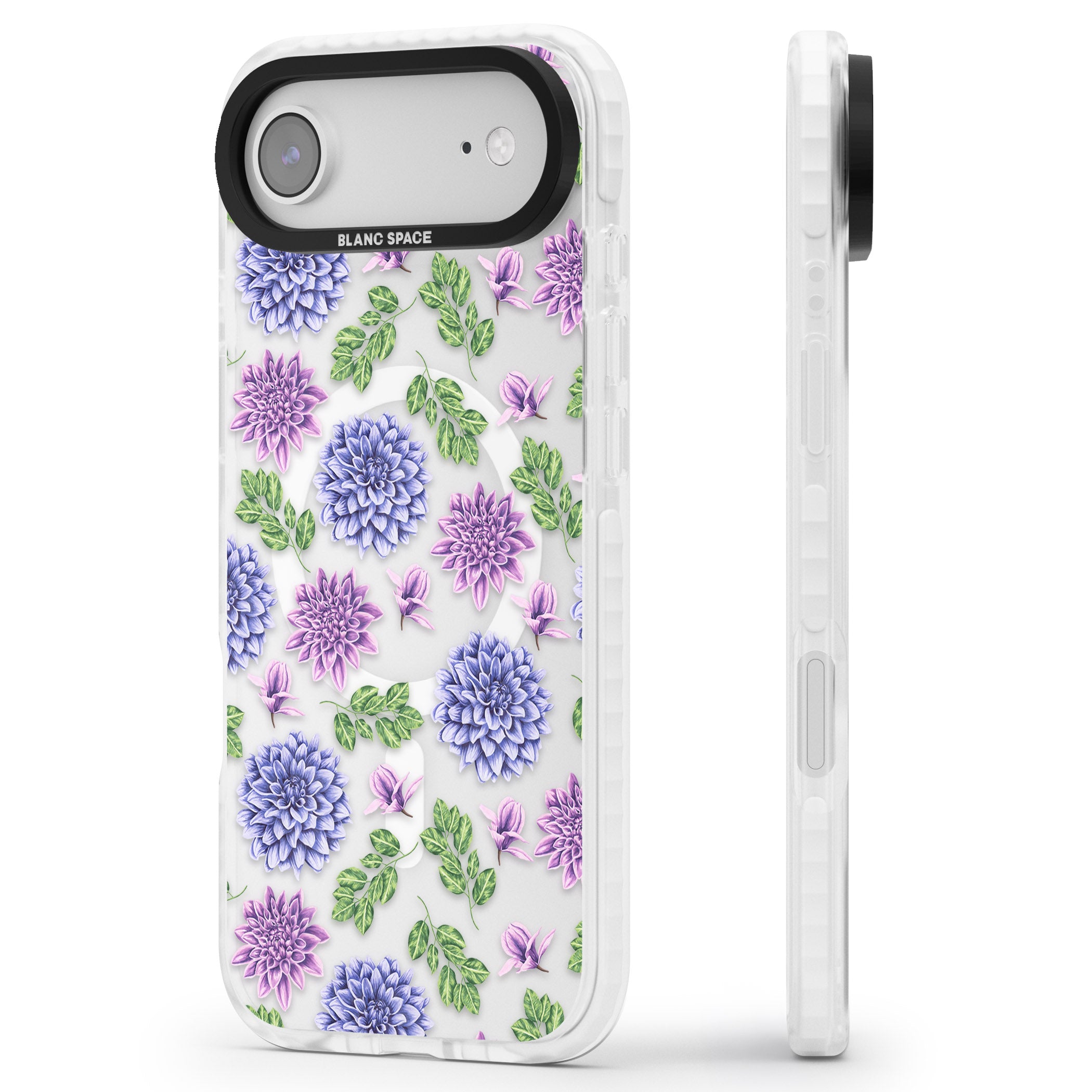 Purple Dahlias Floral iPhone 17 Air Impact Pro Clear Phone Case Side Profile