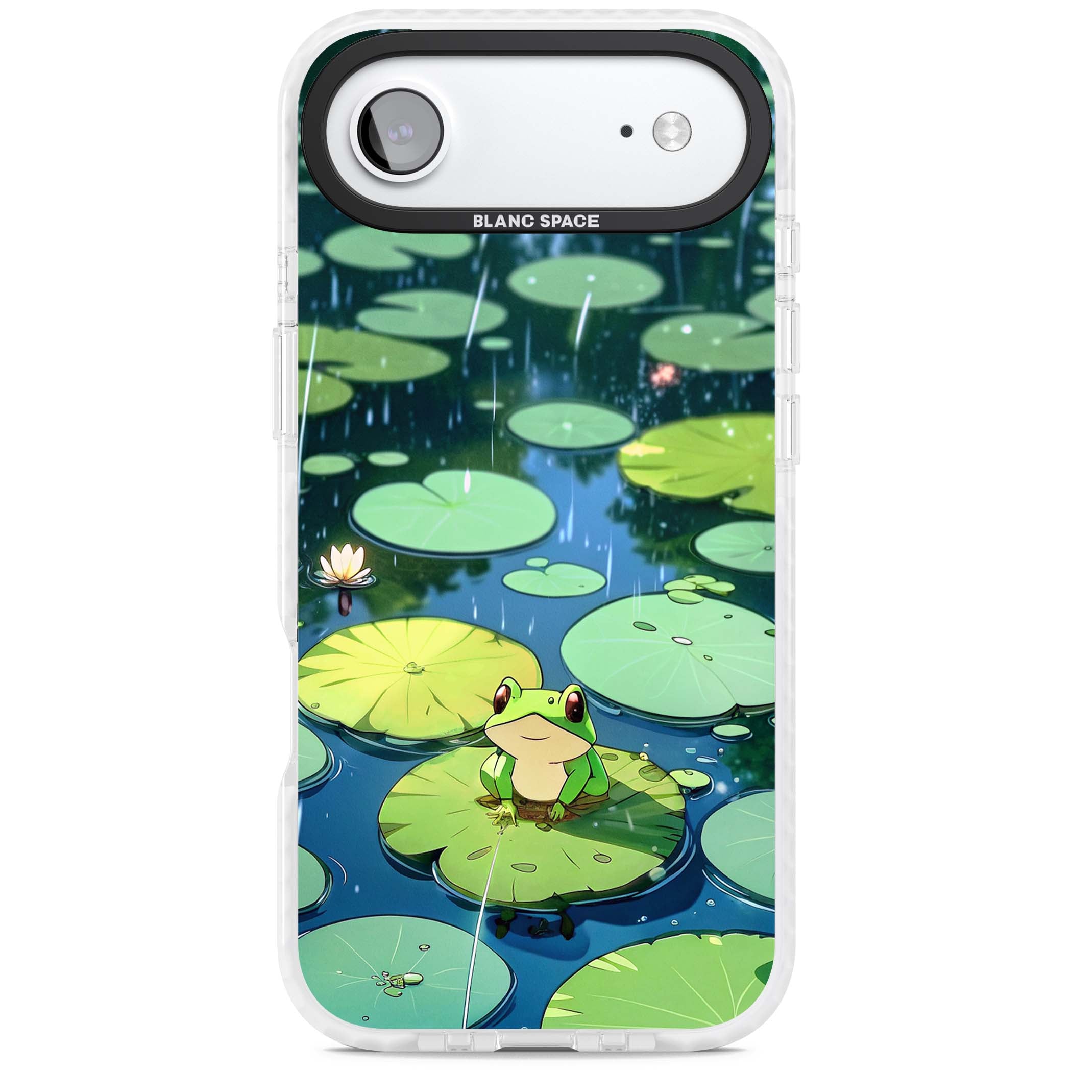 Frog In Lily Pond cottagecore iPhone case featuring a cute green frog on a lily pad with falling rain and a lotus flower | Impact Magsafe case for iPhone Air