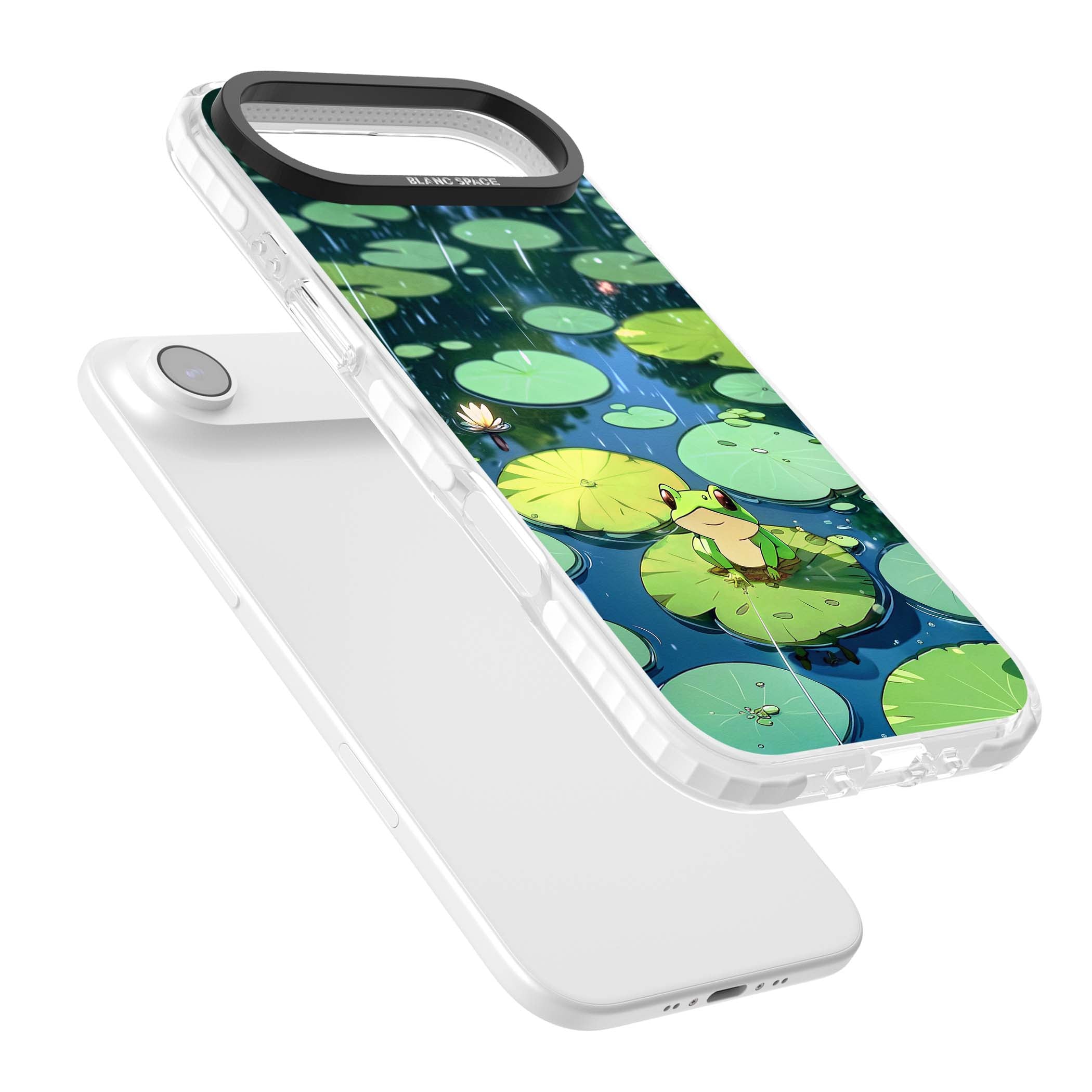 Frog In Lily Pond cottagecore iPhone case featuring a cute green frog on a lily pad with falling rain and a lotus flower | Impact Magsafe case for iPhone Air